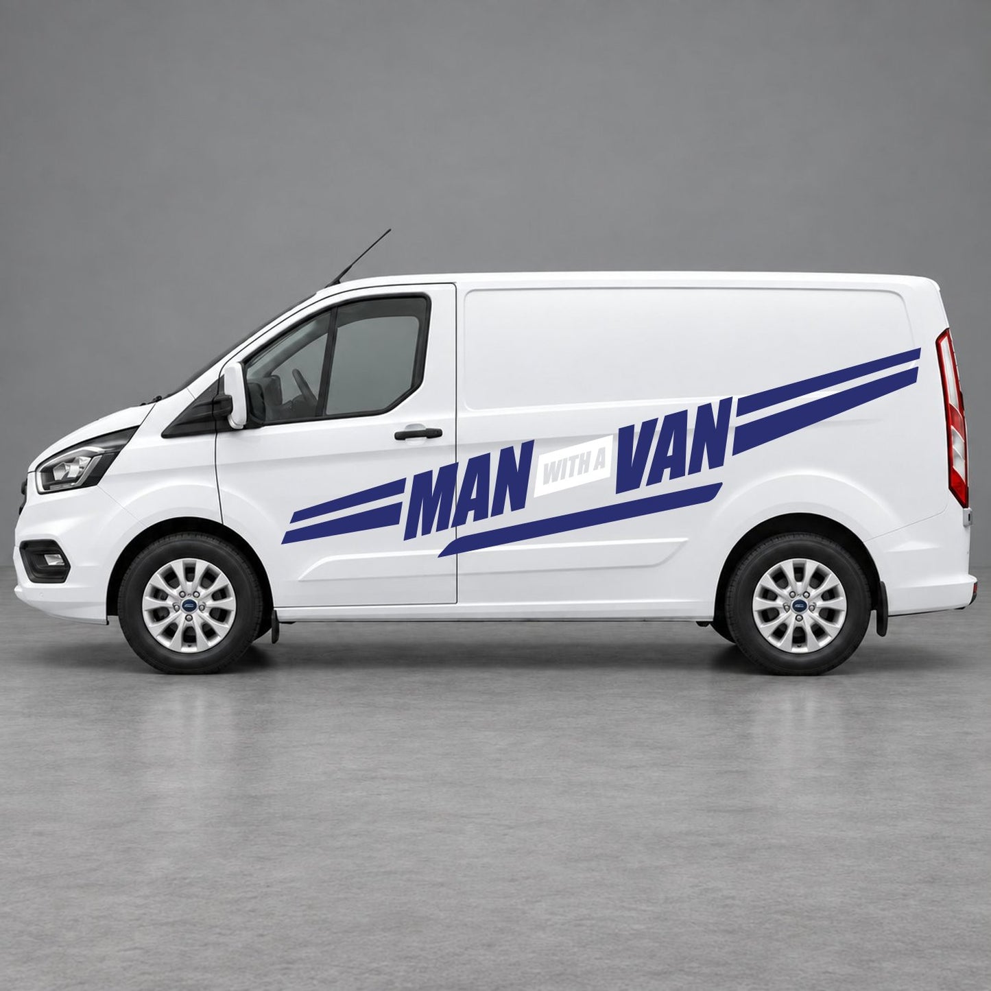 Ford Transit Custom Man with a Van Side Stripes in Navy Blue & White
