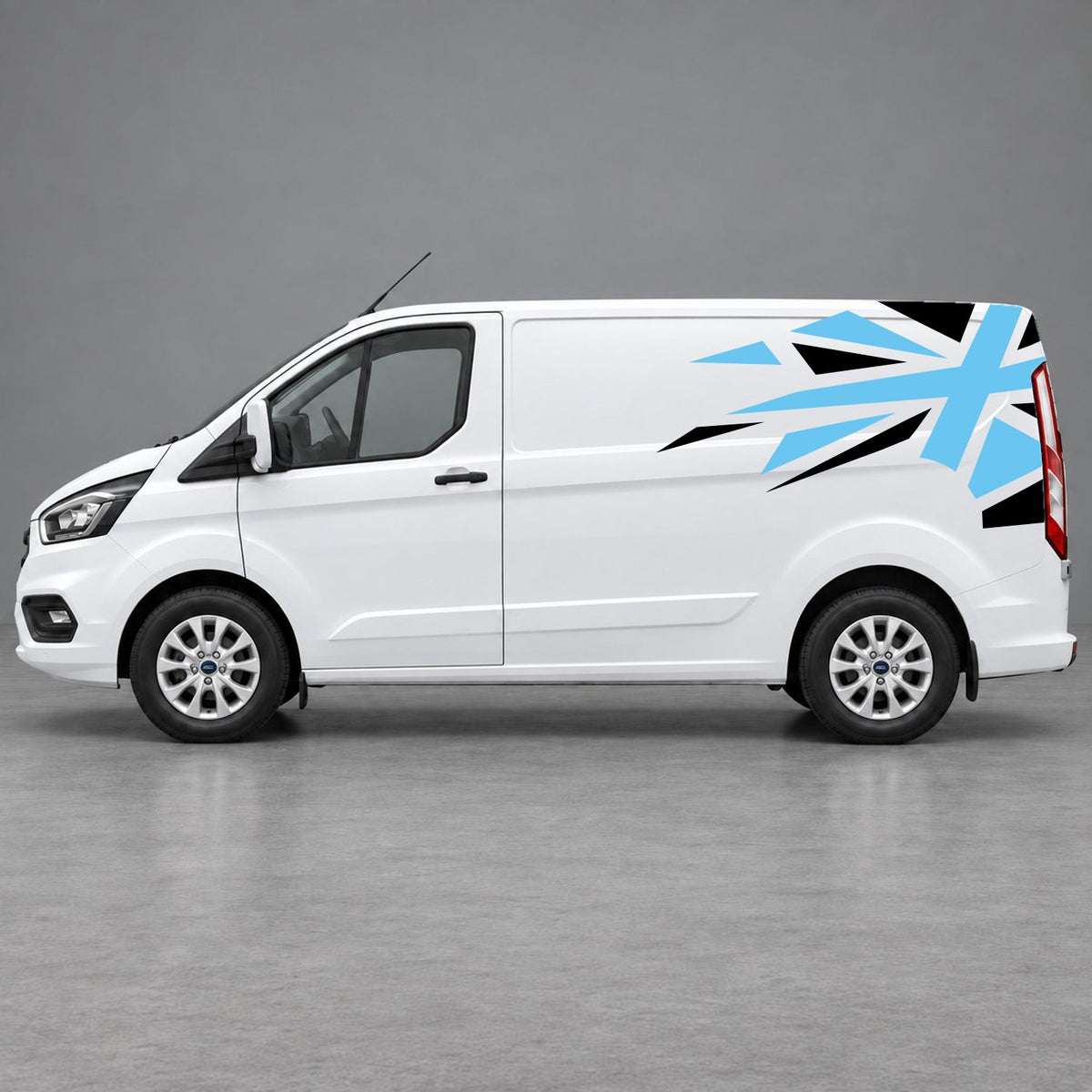 Ford Transit Custom Shattered Union Jack Side Graphics in Black & Light Blue