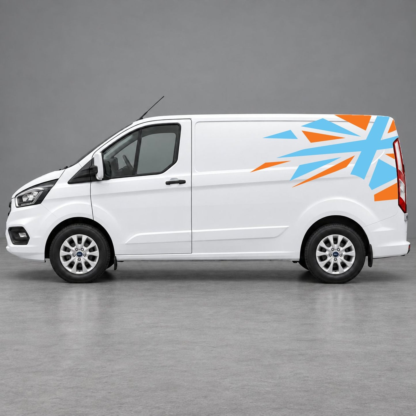 Ford Transit Custom Shattered Union Jack Side Graphics in Orange & Light Blue