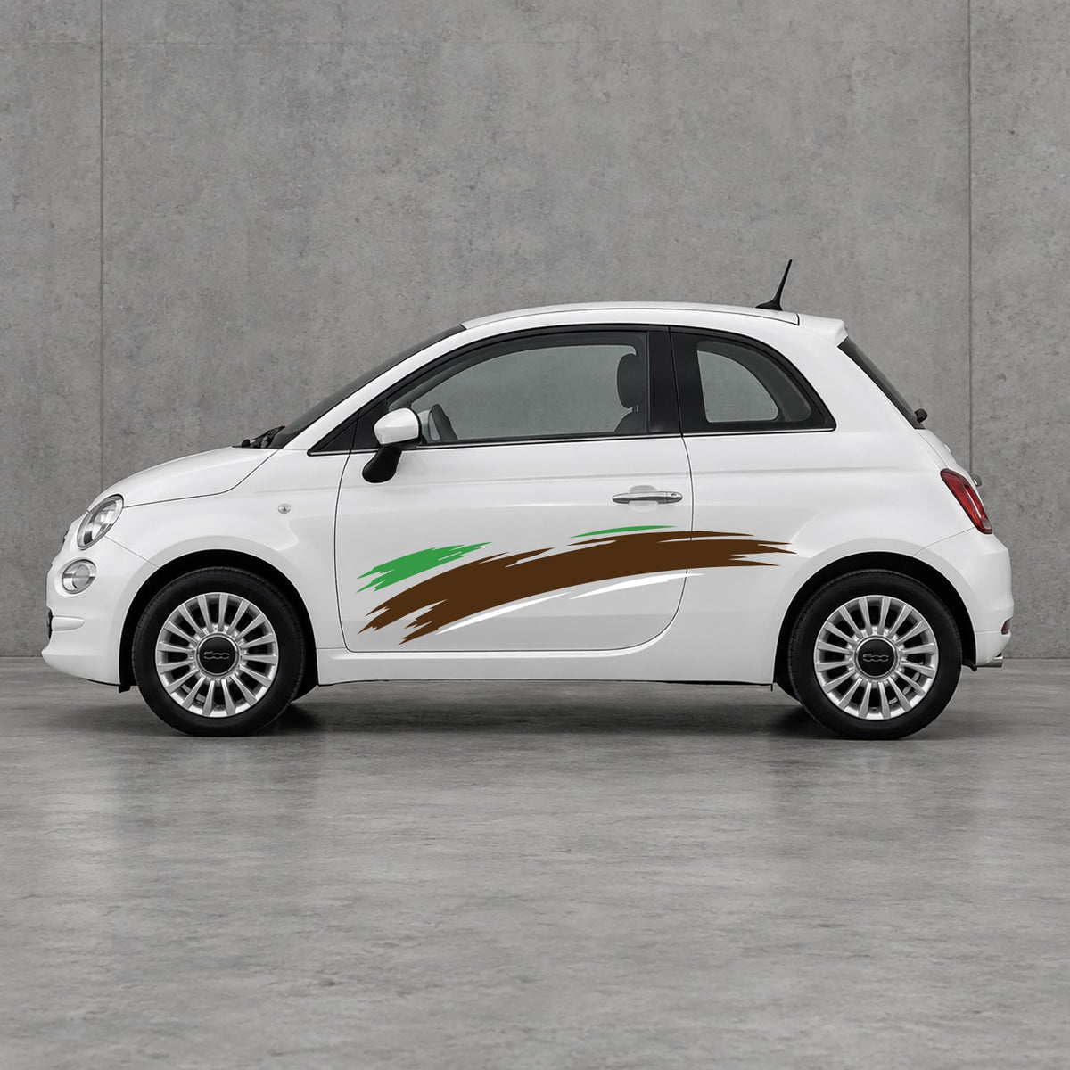 Fiat 500 Italian Green Brush Side Graphics Kit - Pair Supplied in Brown & White