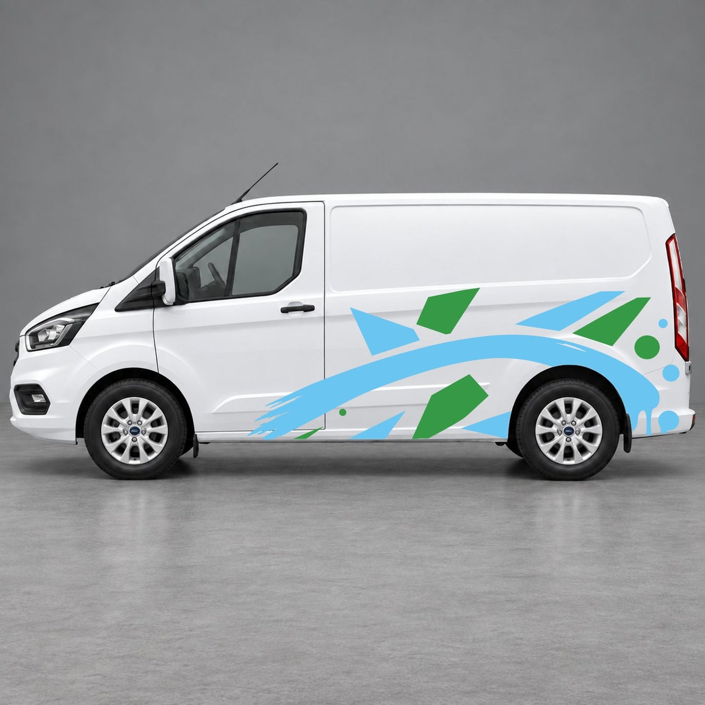 Ford Transit Custom Abstract Geometric Splash Side Graphics in Green & Light Blue
