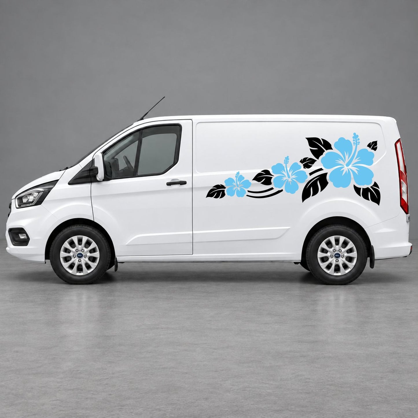 Ford Transit Custom Hibiscus Flower Trail Side Graphics in Black & Light Blue