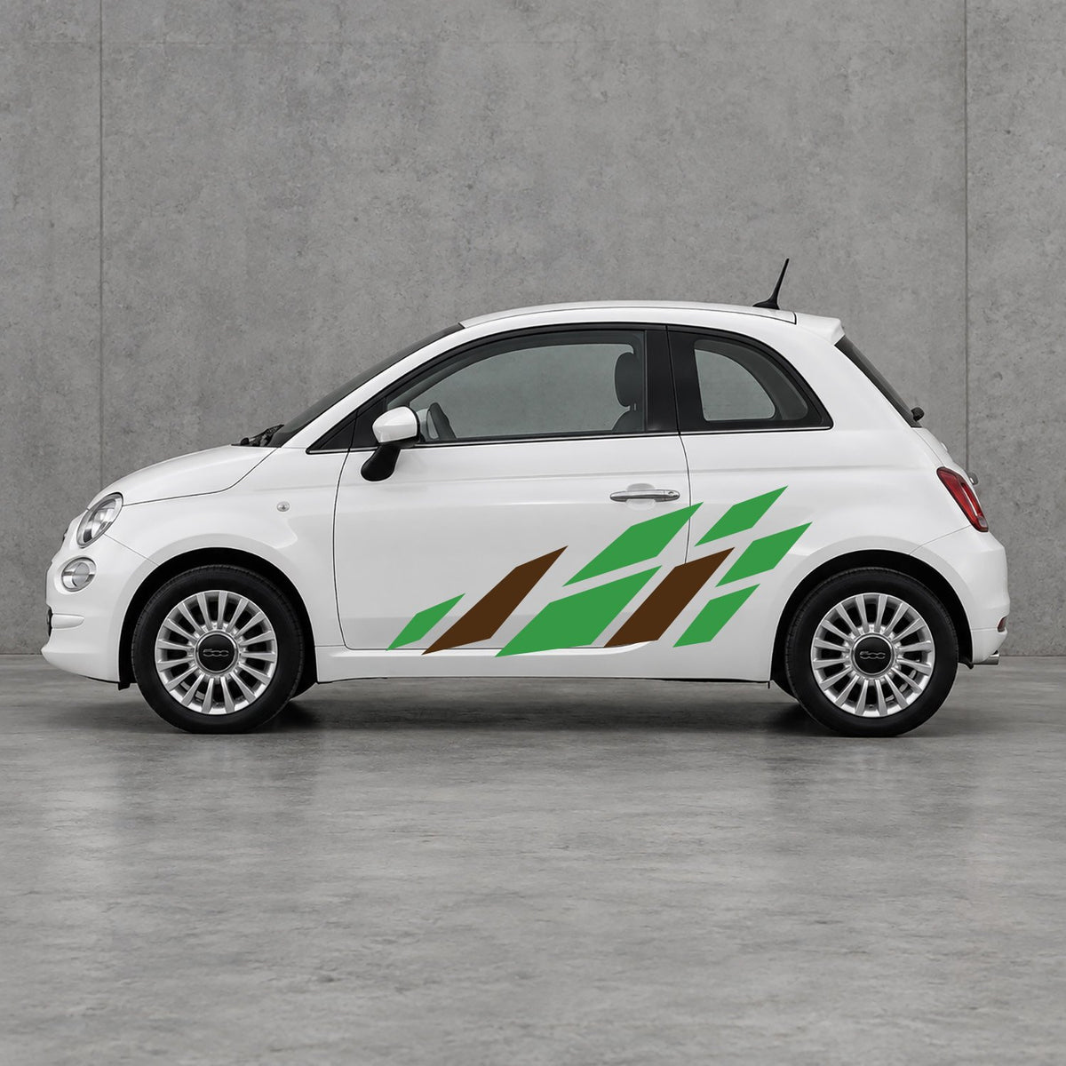 Fiat 500 Racing Flag Side Graphics Kit - Pair Supplied in Green & Brown