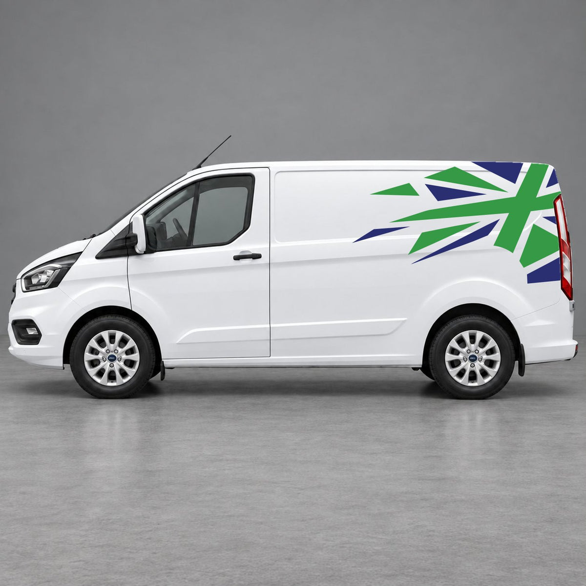 Ford Transit Custom Shattered Union Jack Side Graphics in Navy Blue & Green