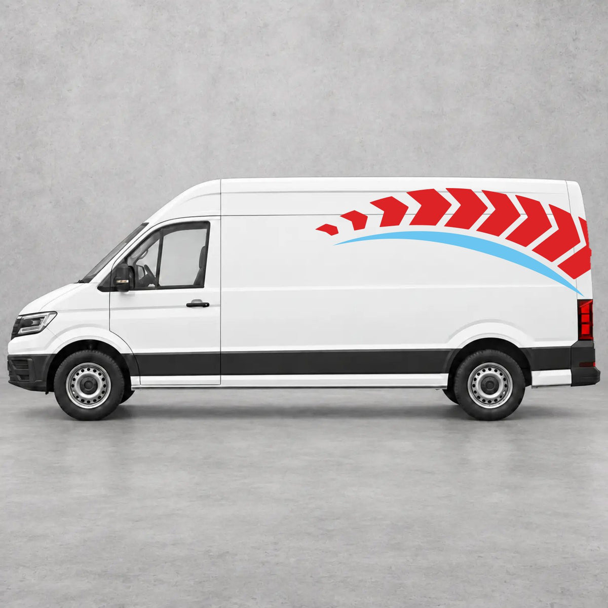 VW Crafter Chevron Track Side Graphics in Red & Light Blue