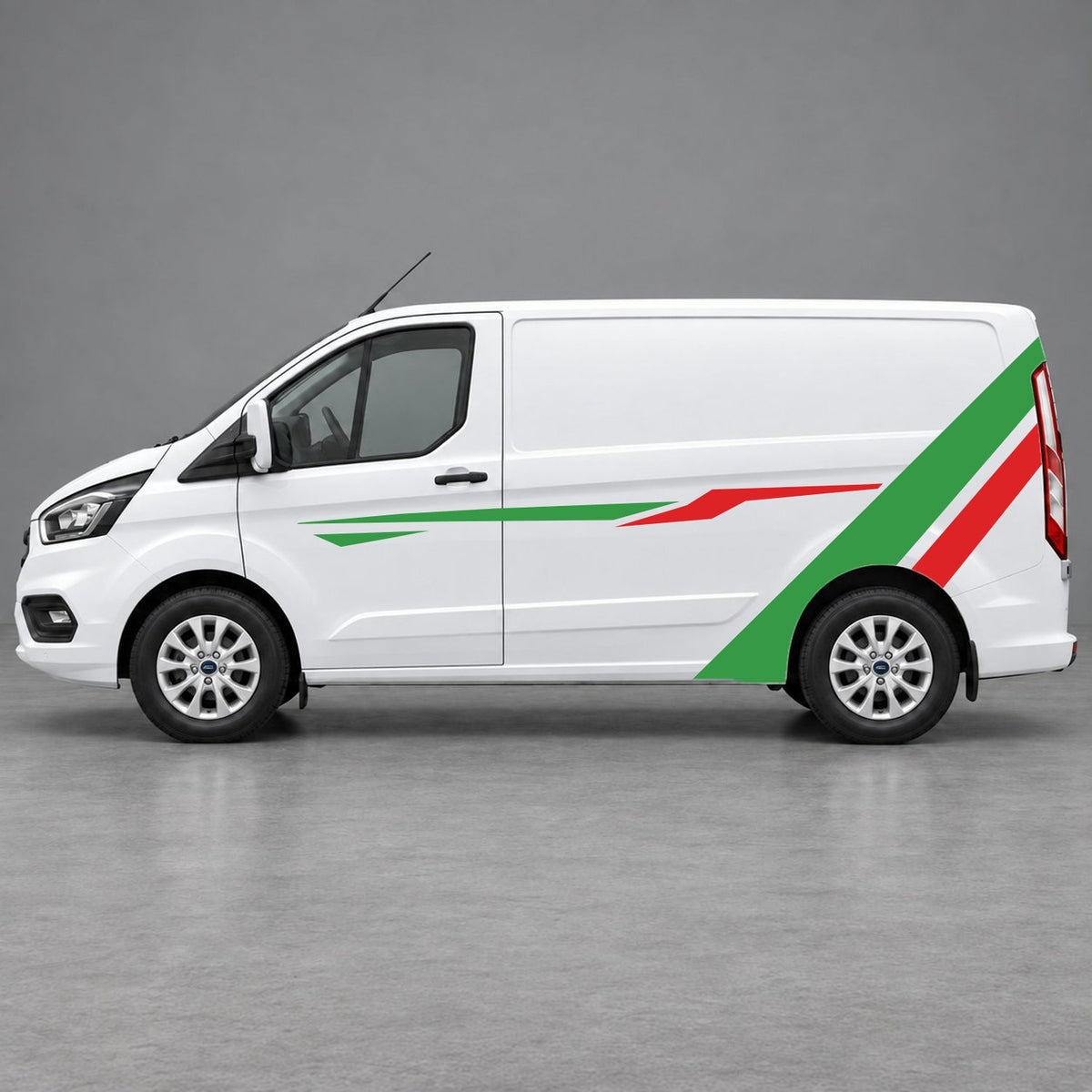 Ford Transit Custom Bold Rear Diagonal Side Stripes in Green & Red