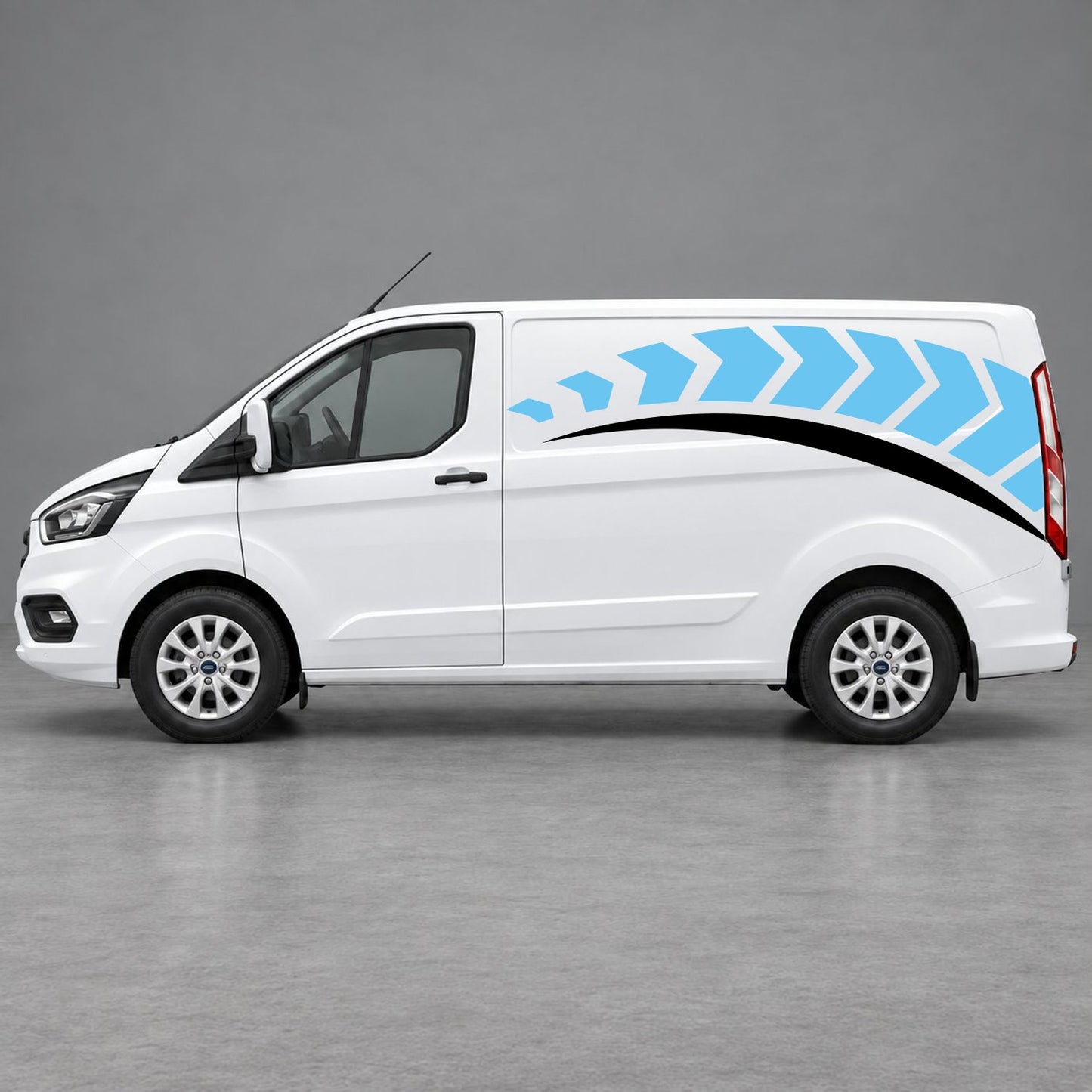 Ford Transit Custom Chevron Track Side Graphics in Light Blue & Black