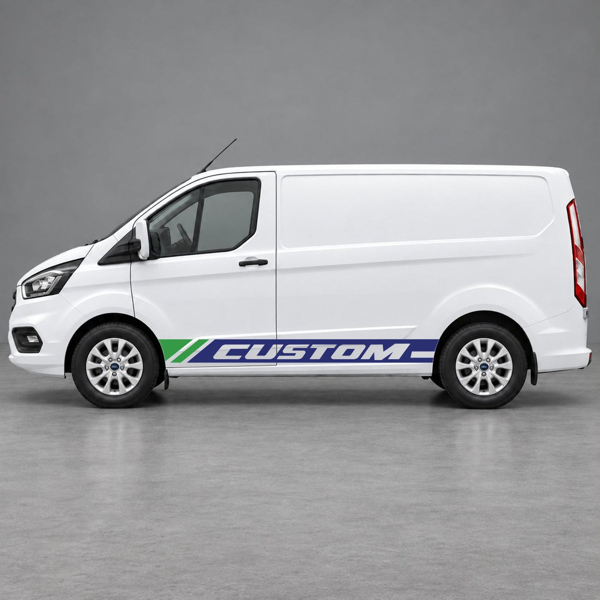 Ford Transit Custom Custom Lower Side Stripes in Navy Blue & Green