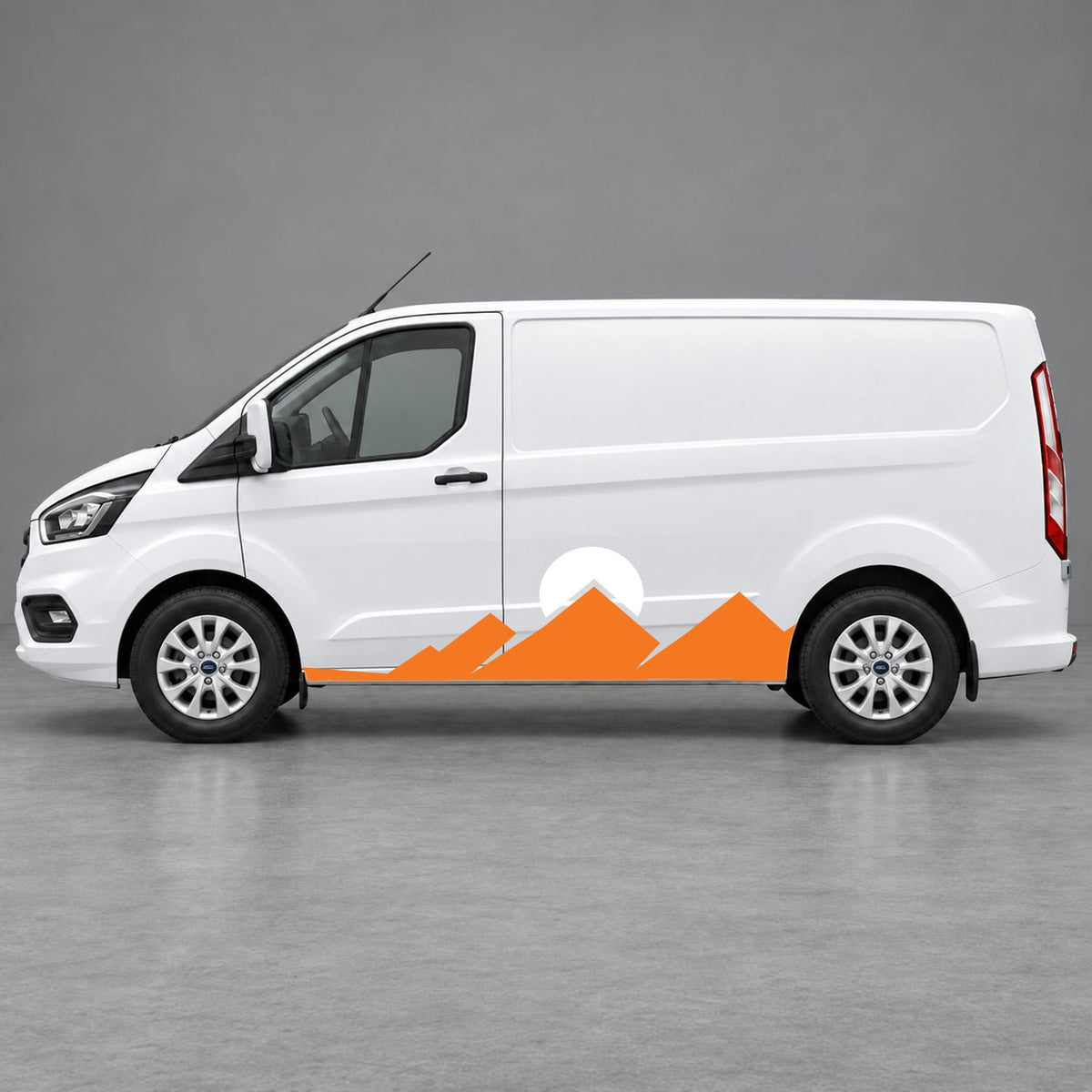 Ford Transit Custom Minimal Mountain Peak Side Graphics in Orange & White