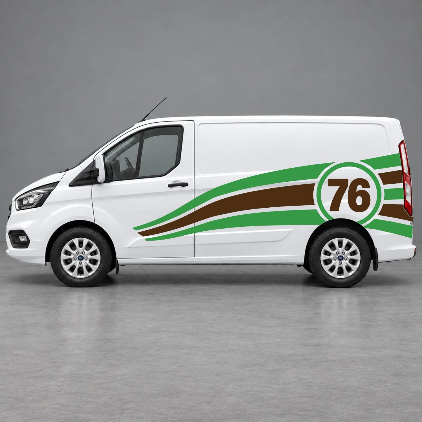Ford Transit Custom Personalised Number 76 Racing Side Graphics in Green & Brown
