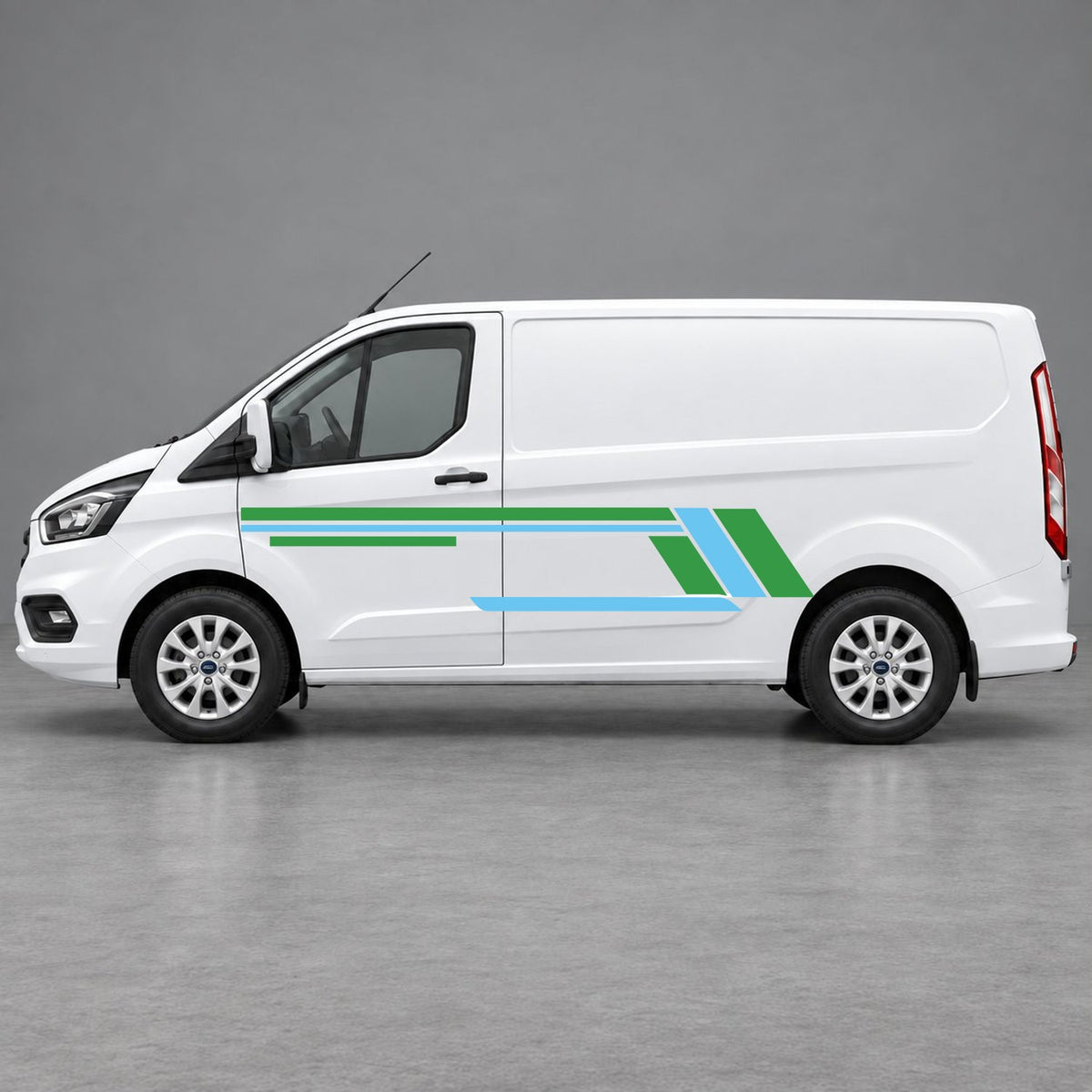 Ford Transit Custom Geometric Outline Side Stripes in Green & Light Blue