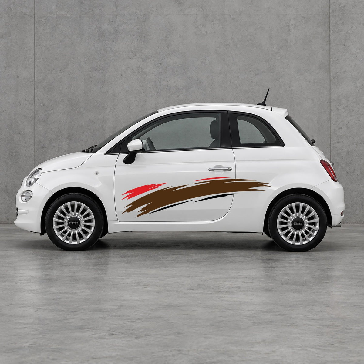 Fiat 500 Italian Red Brush Side Graphics Kit - Pair Supplied in White & Brown