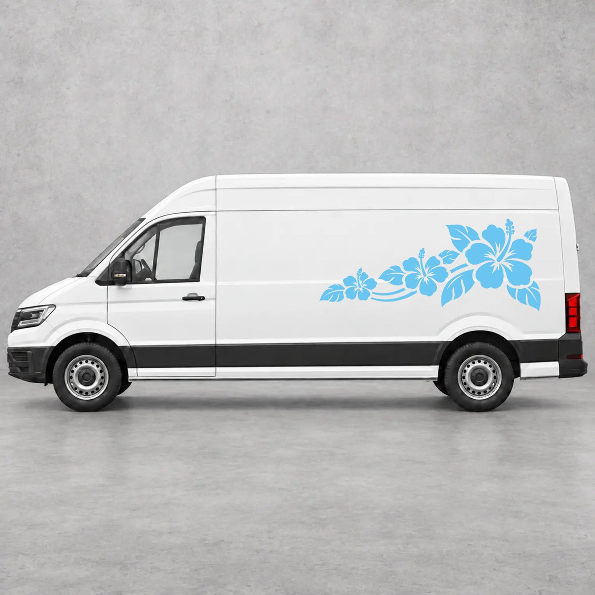 VW Crafter Hibiscus Flower Trail Side Graphics in Light Blue & Light Blue