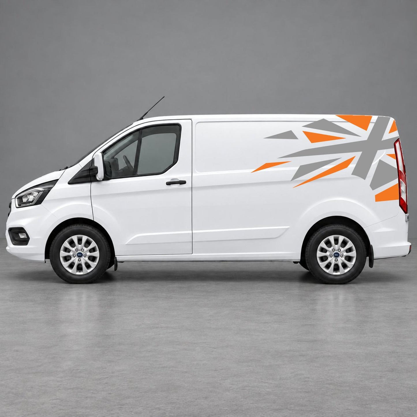 Ford Transit Custom Shattered Union Jack Side Graphics in Orange & Grey
