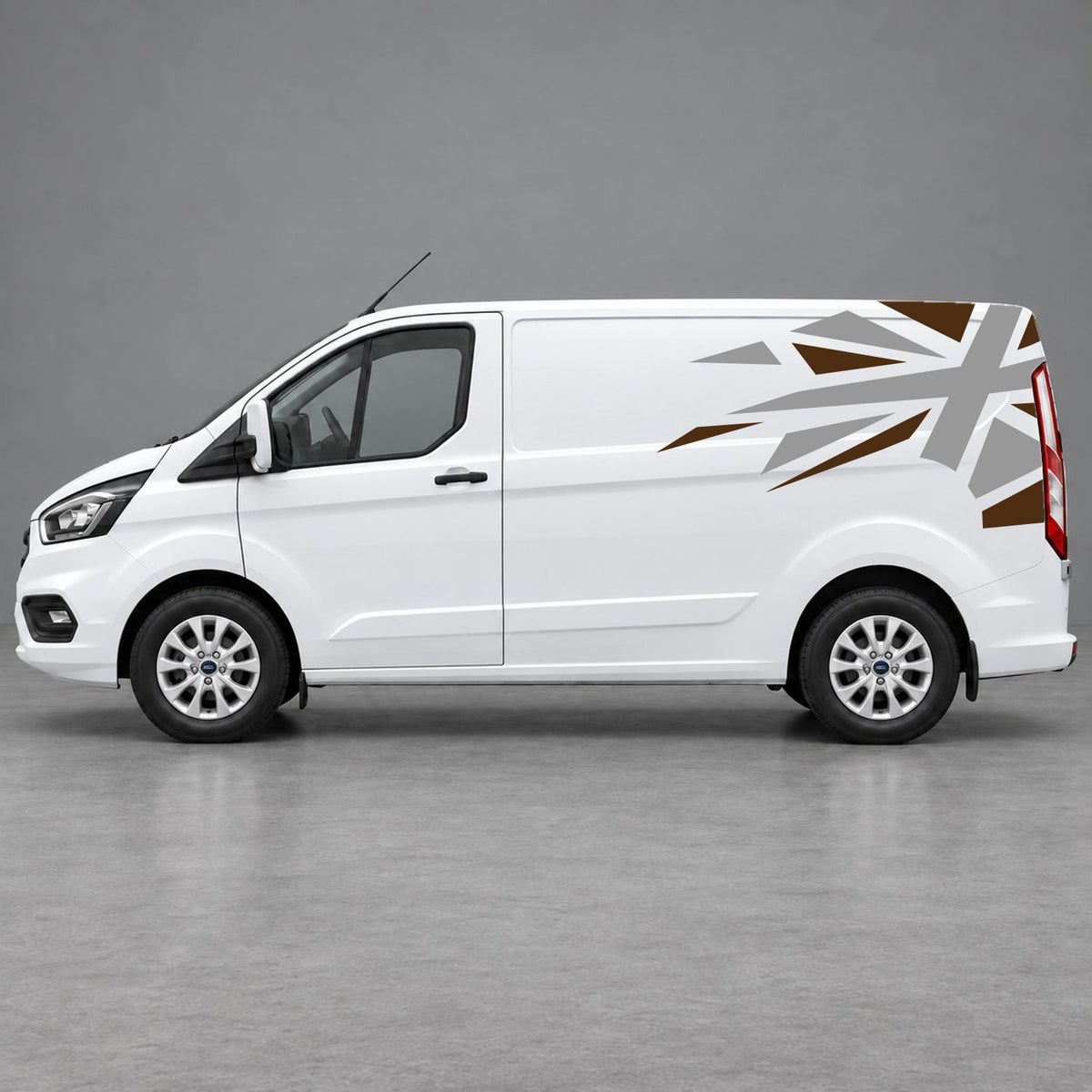 Ford Transit Custom Shattered Union Jack Side Graphics in Brown & Grey