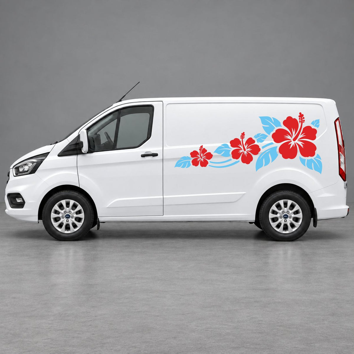 Ford Transit Custom Hibiscus Flower Trail Side Graphics in Light Blue & Red
