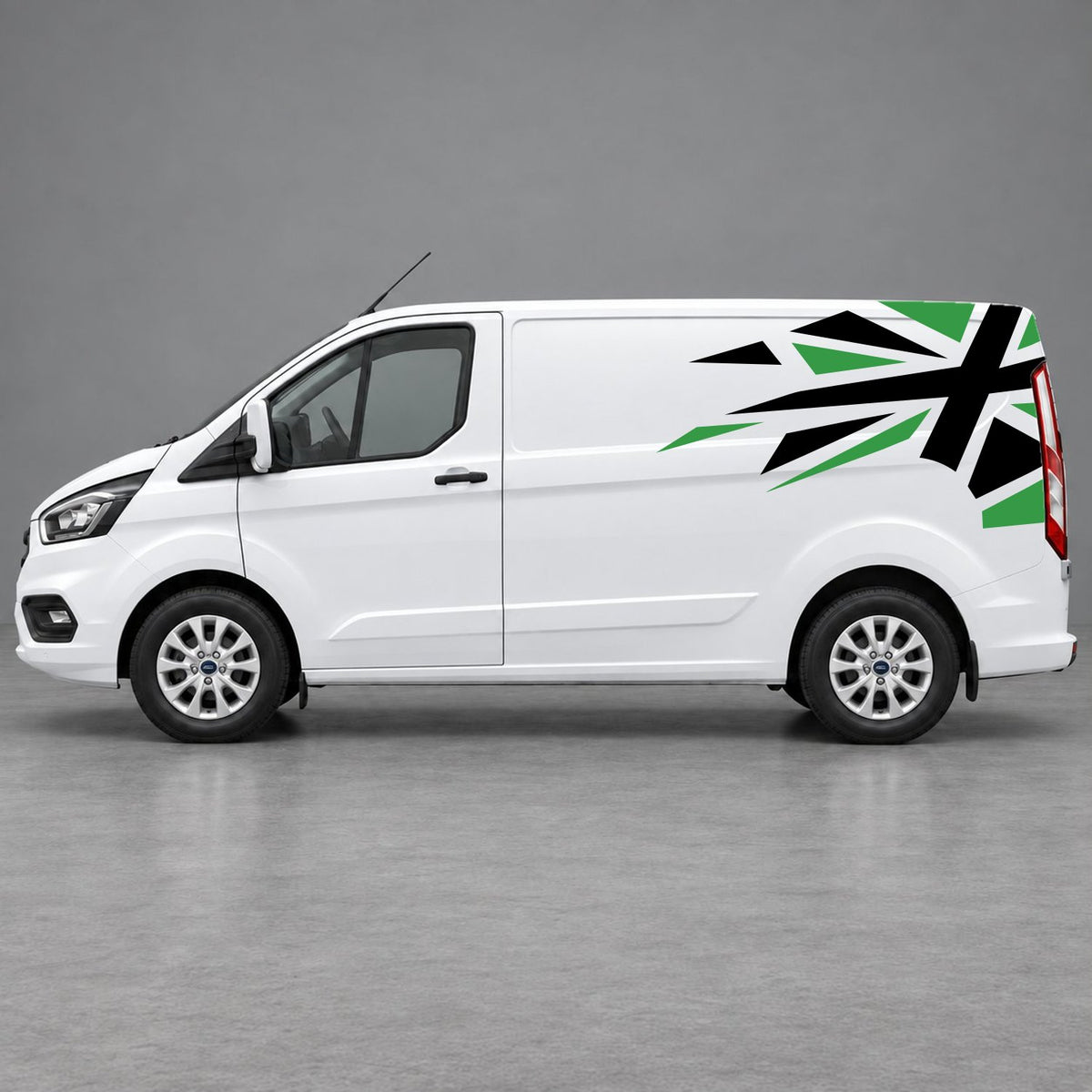 Ford Transit Custom Shattered Union Jack Side Graphics in Green & Black
