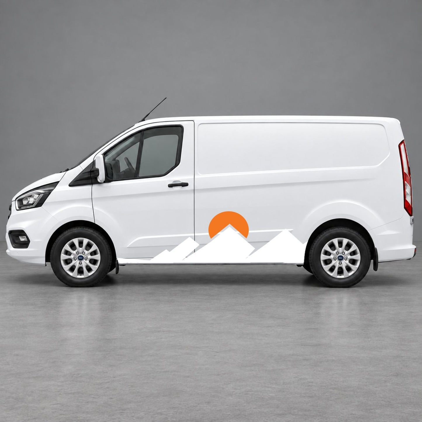 Ford Transit Custom Minimal Mountain Peak Side Graphics in White & Orange