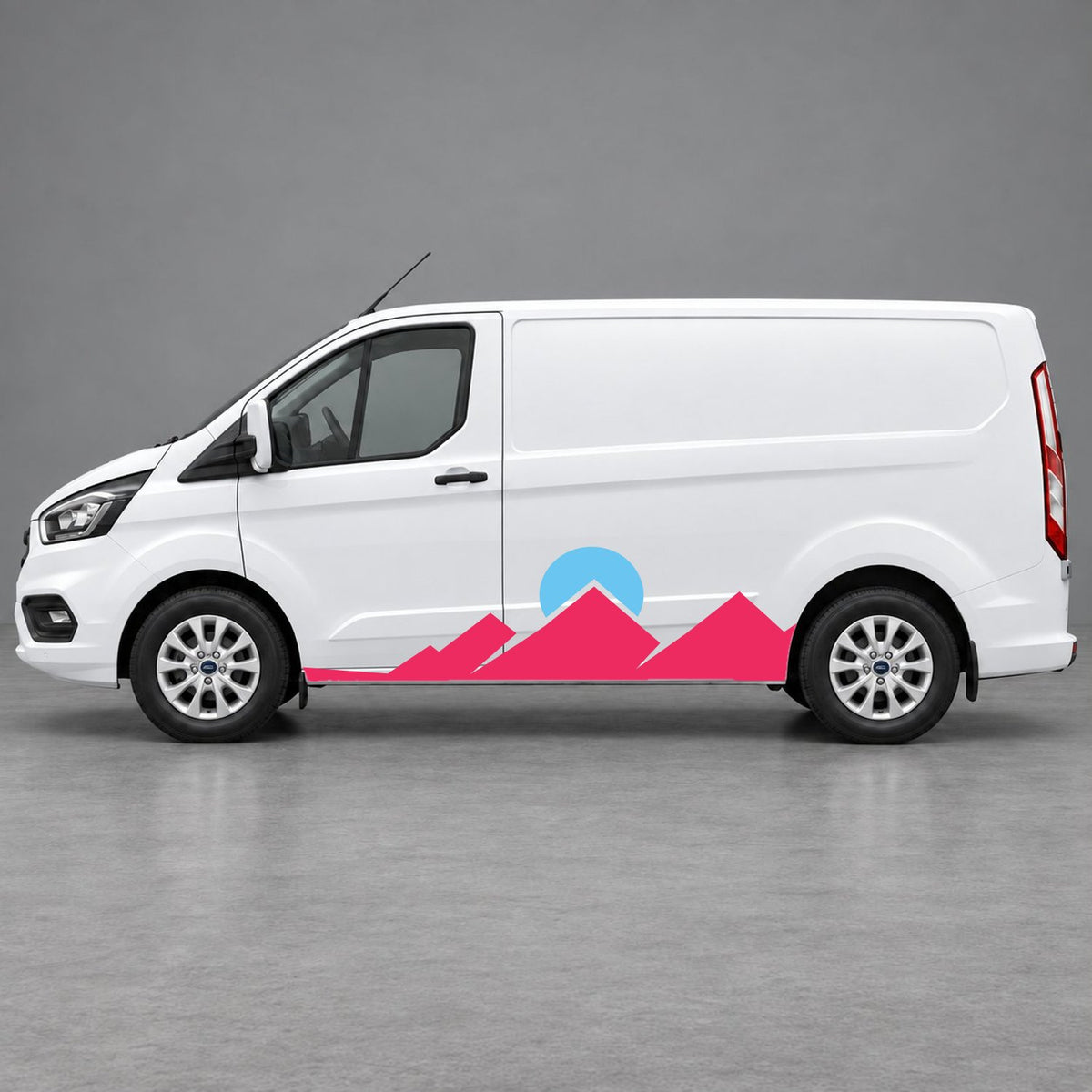 Ford Transit Custom Minimal Mountain Peak Side Graphics in Pink & Light Blue