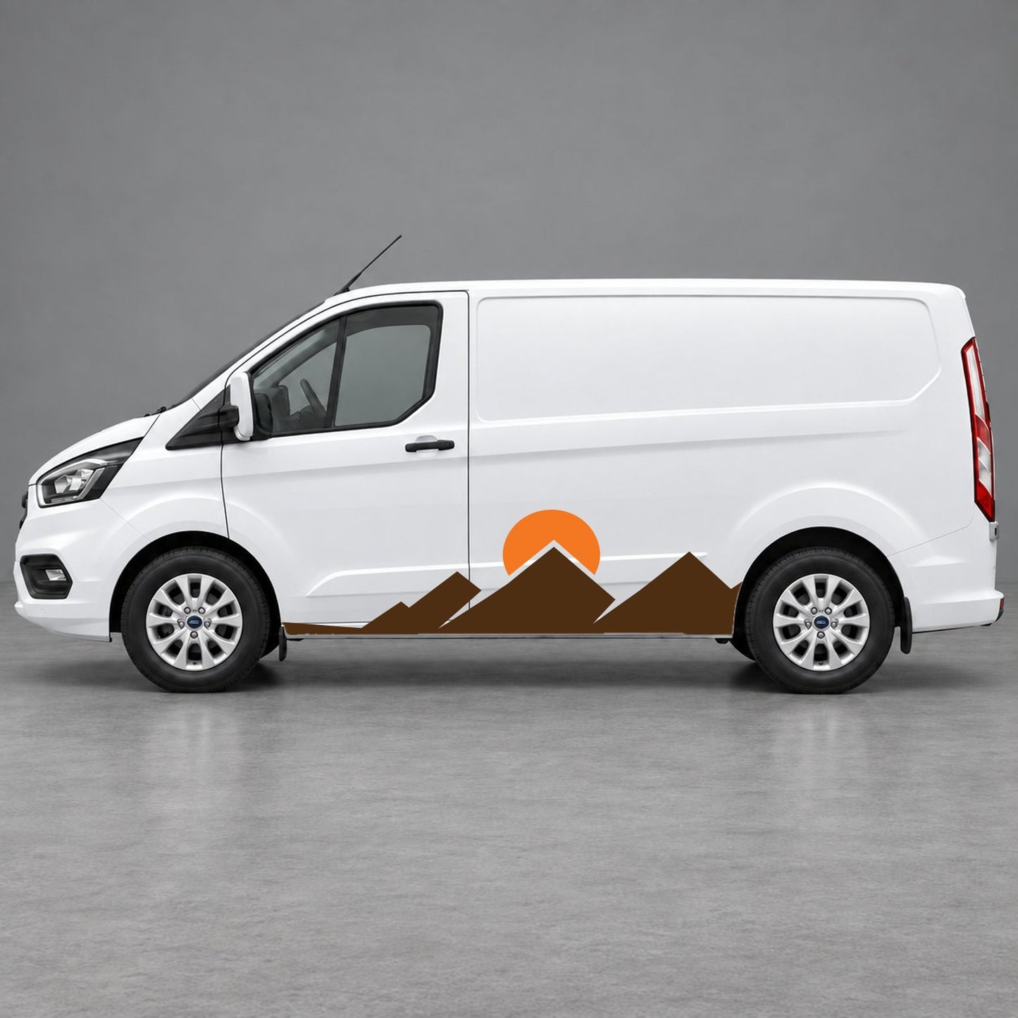Ford Transit Custom Minimal Mountain Peak Side Graphics in Brown & Orange