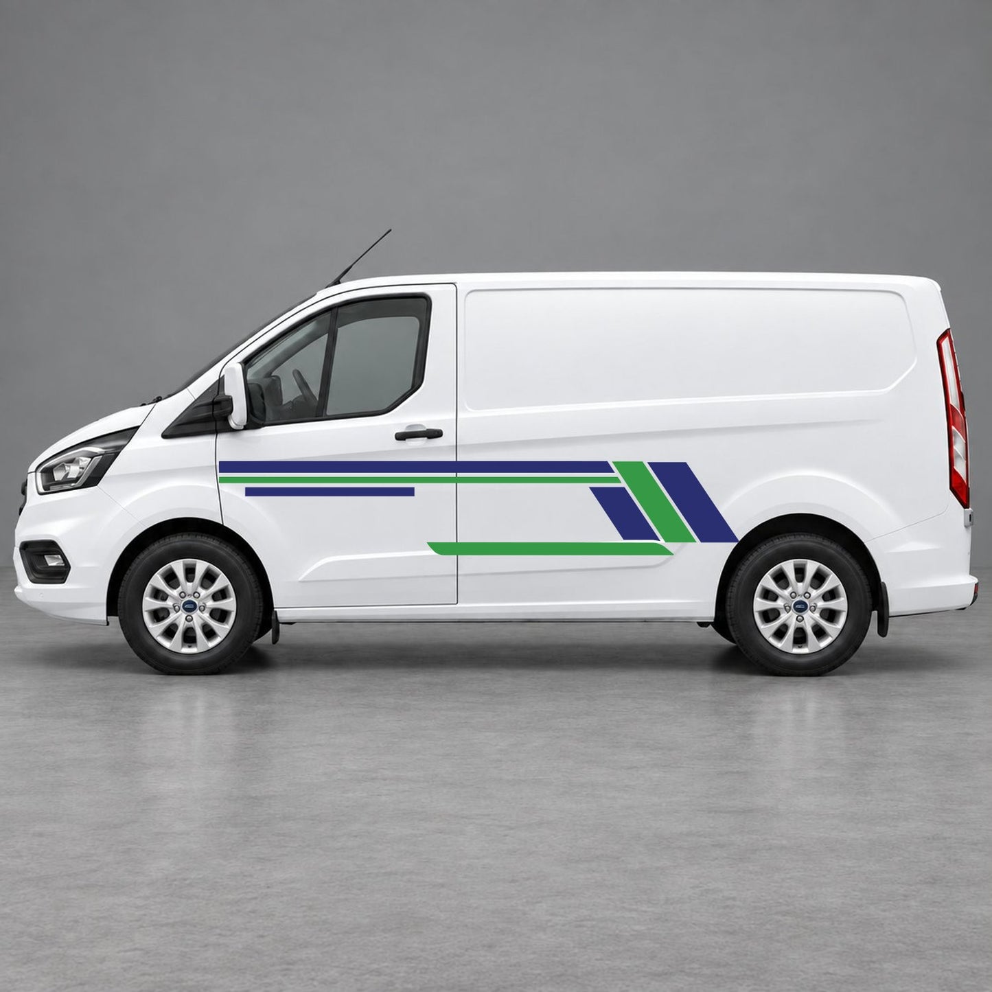 Ford Transit Custom Geometric Outline Side Stripes in Navy Blue & Green