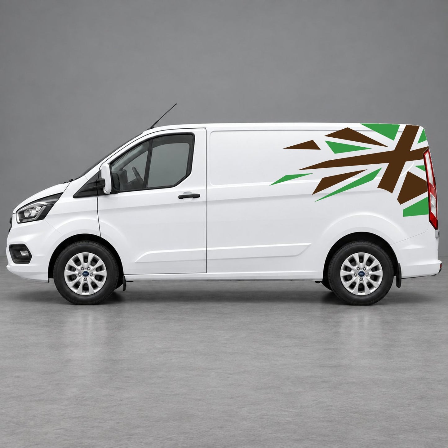 Ford Transit Custom Shattered Union Jack Side Graphics in Green & Brown
