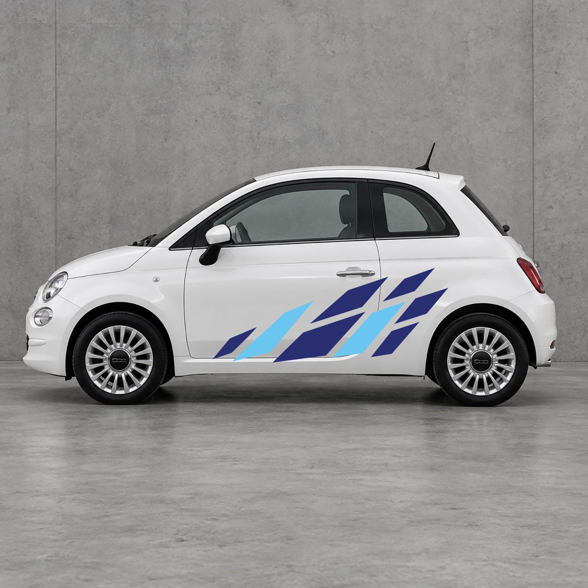 Fiat 500 Racing Flag Side Graphics Kit - Pair Supplied in Navy Blue & Light Blue
