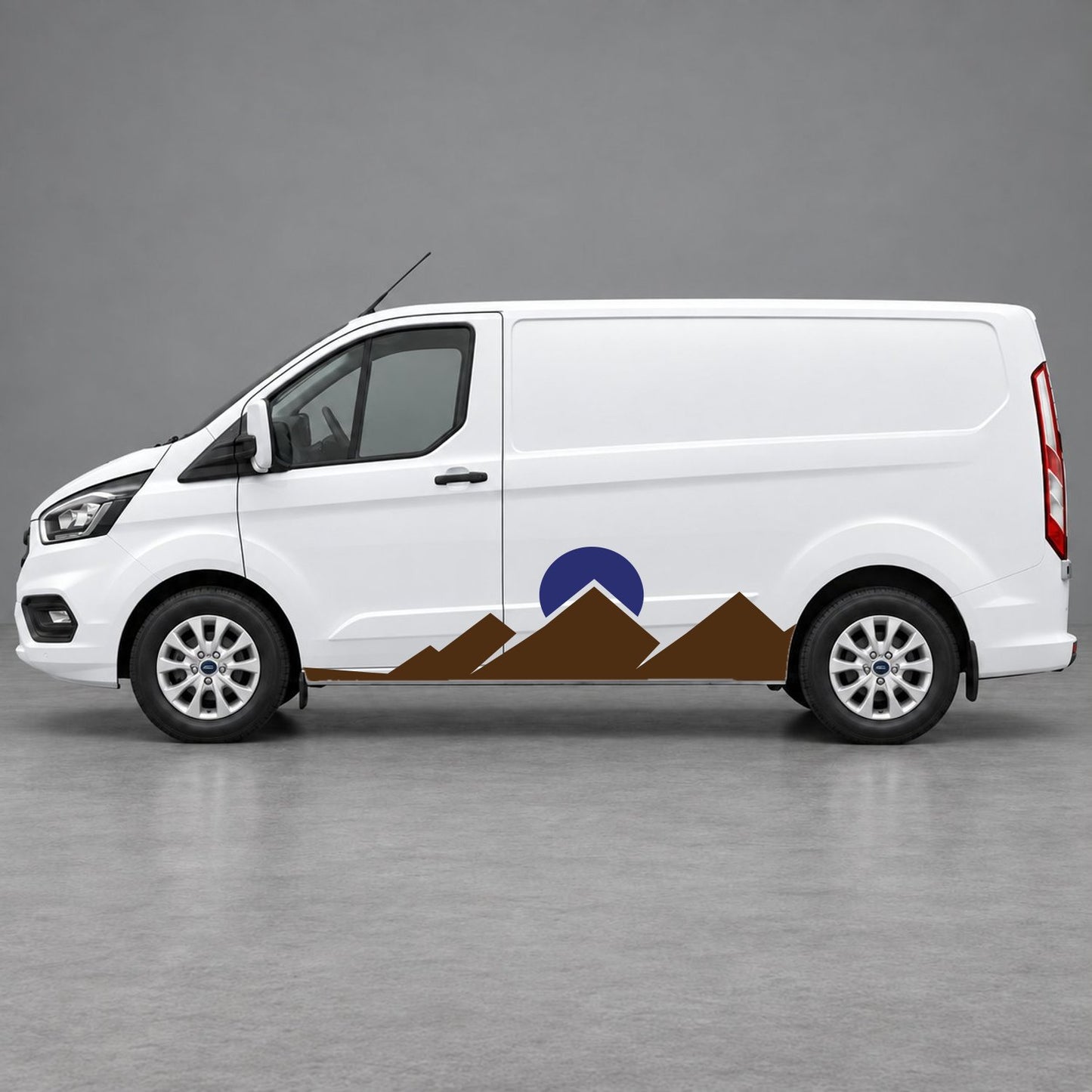 Ford Transit Custom Minimal Mountain Peak Side Graphics in Brown & Navy Blue