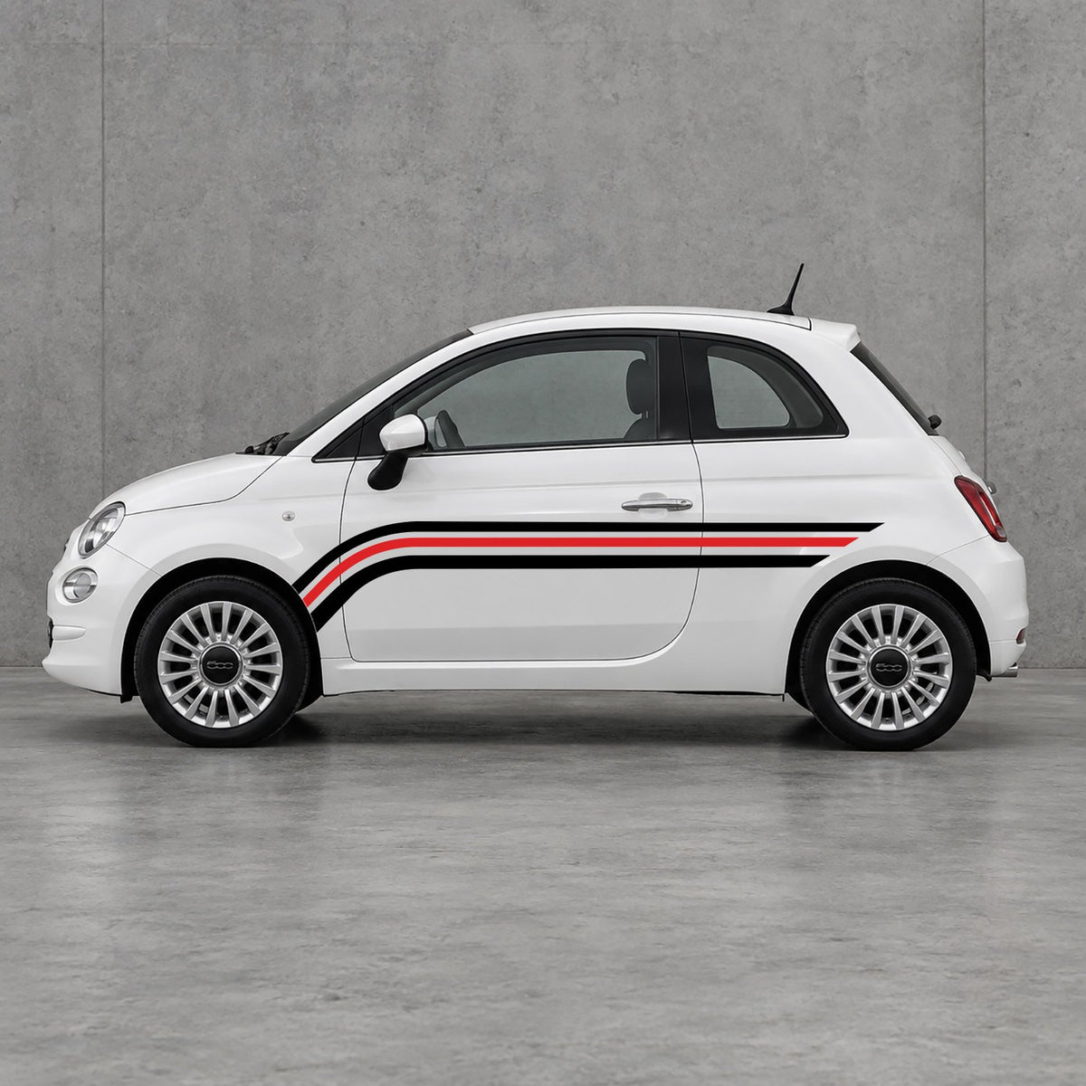 Fiat 500 Retro Triple Side Stripes Kit - Pair Supplied in Black & Red