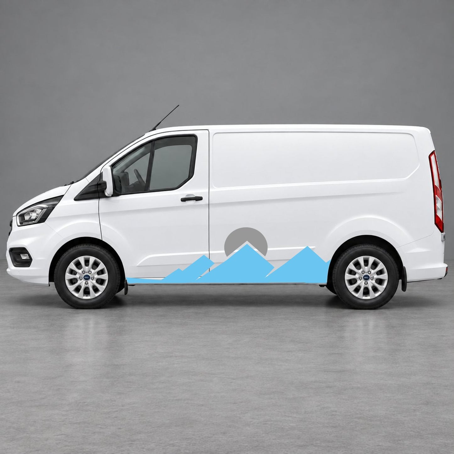 Ford Transit Custom Minimal Mountain Peak Side Graphics in Light Blue & Grey