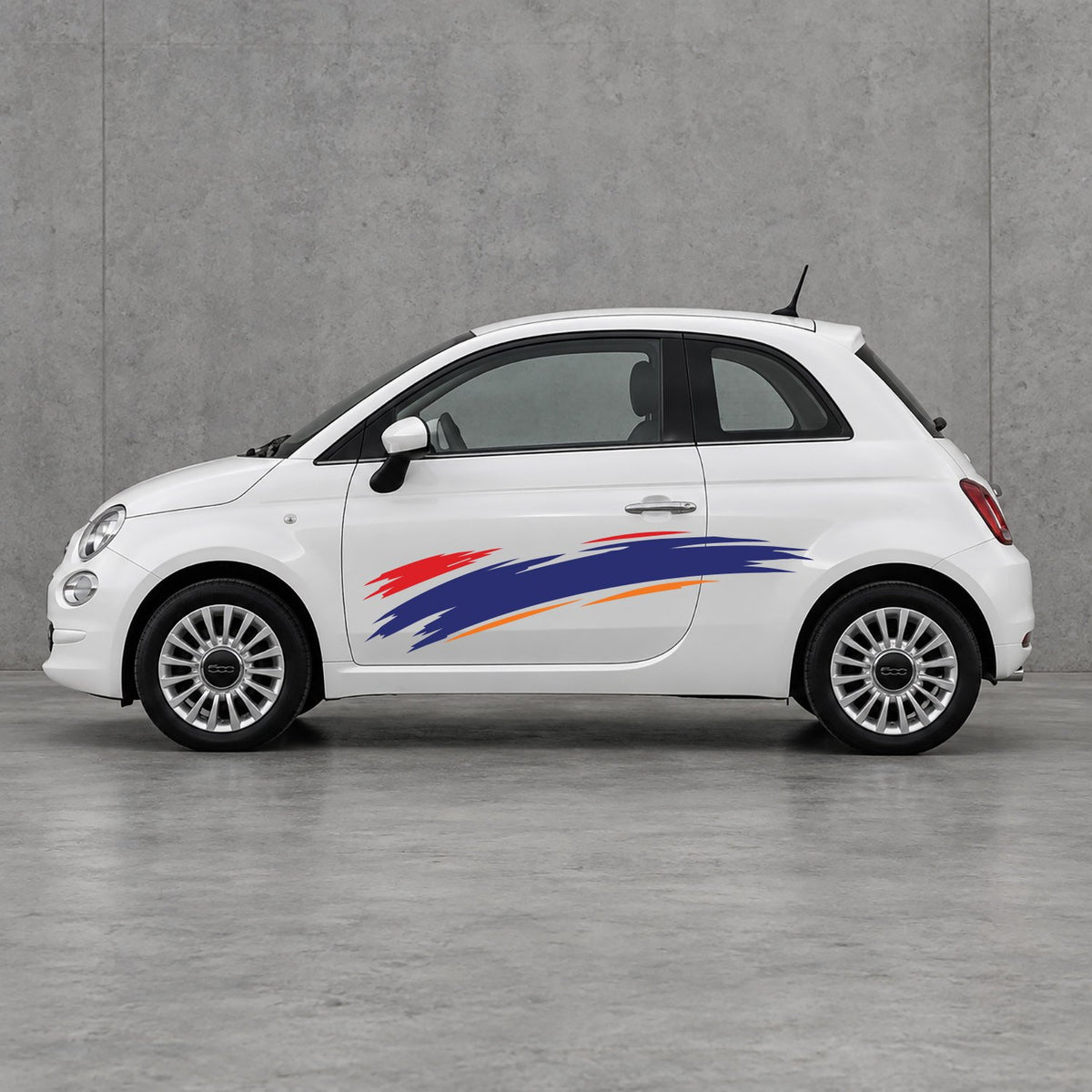 Fiat 500 Italian Red Brush Side Graphics Kit - Pair Supplied in Orange & Navy Blue