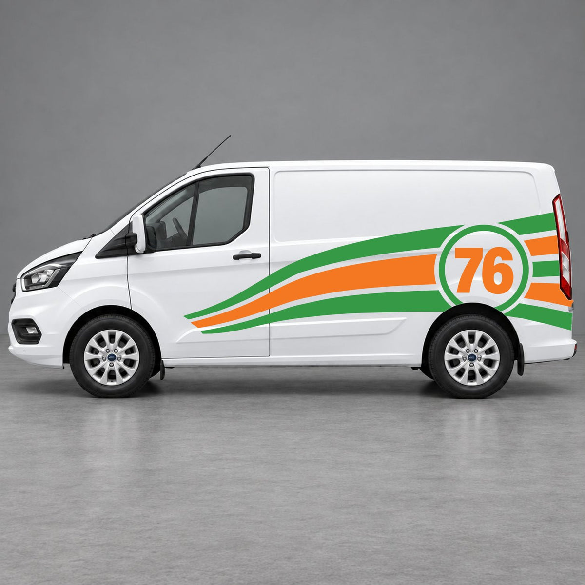 Ford Transit Custom Personalised Number 76 Racing Side Graphics in Green & Orange