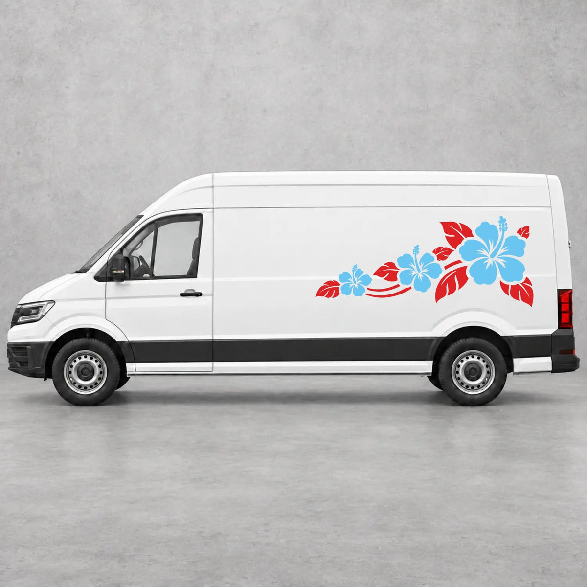 VW Crafter Hibiscus Flower Trail Side Graphics in Red & Light Blue