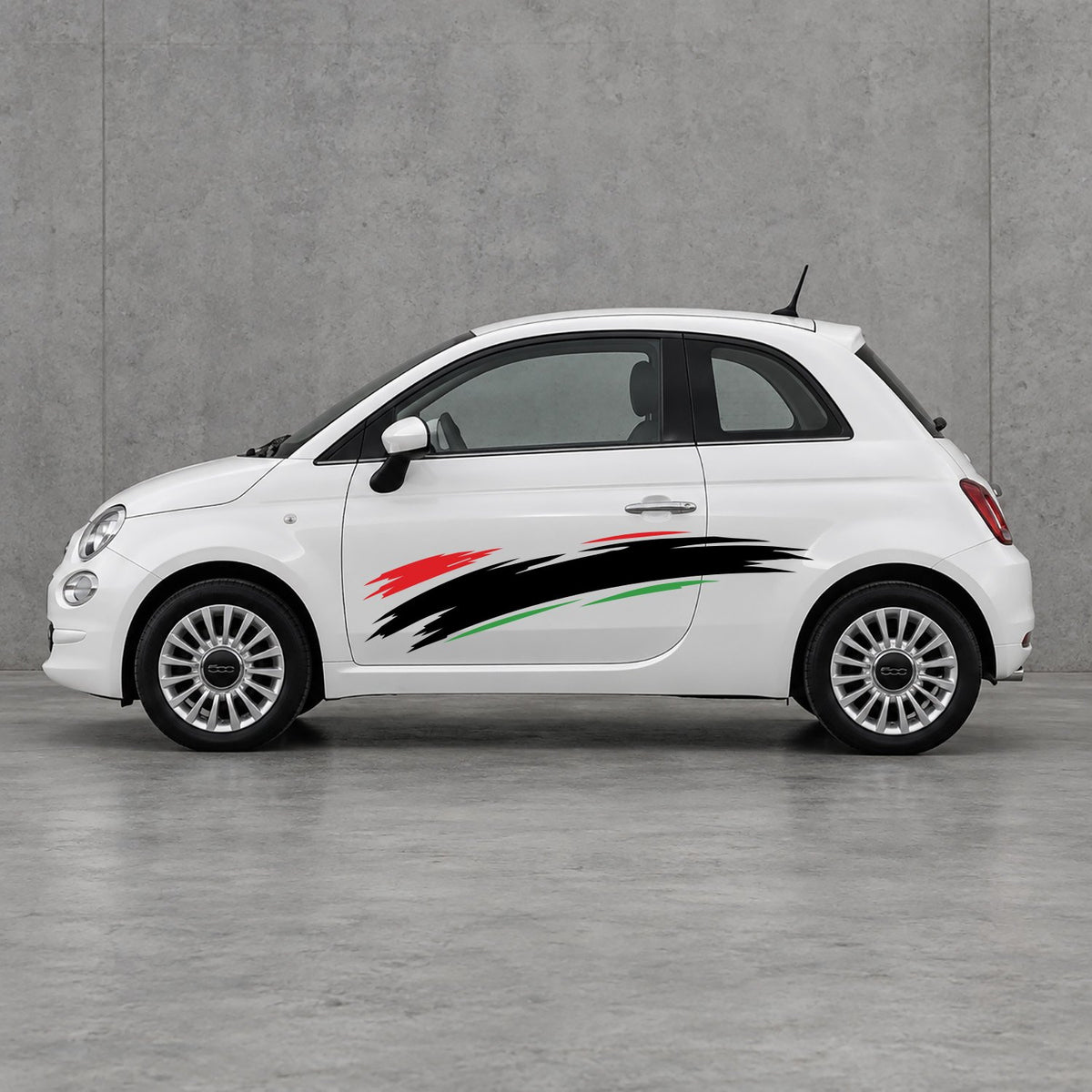 Fiat 500 Italian Red Brush Side Graphics Kit - Pair Supplied in Green & Black