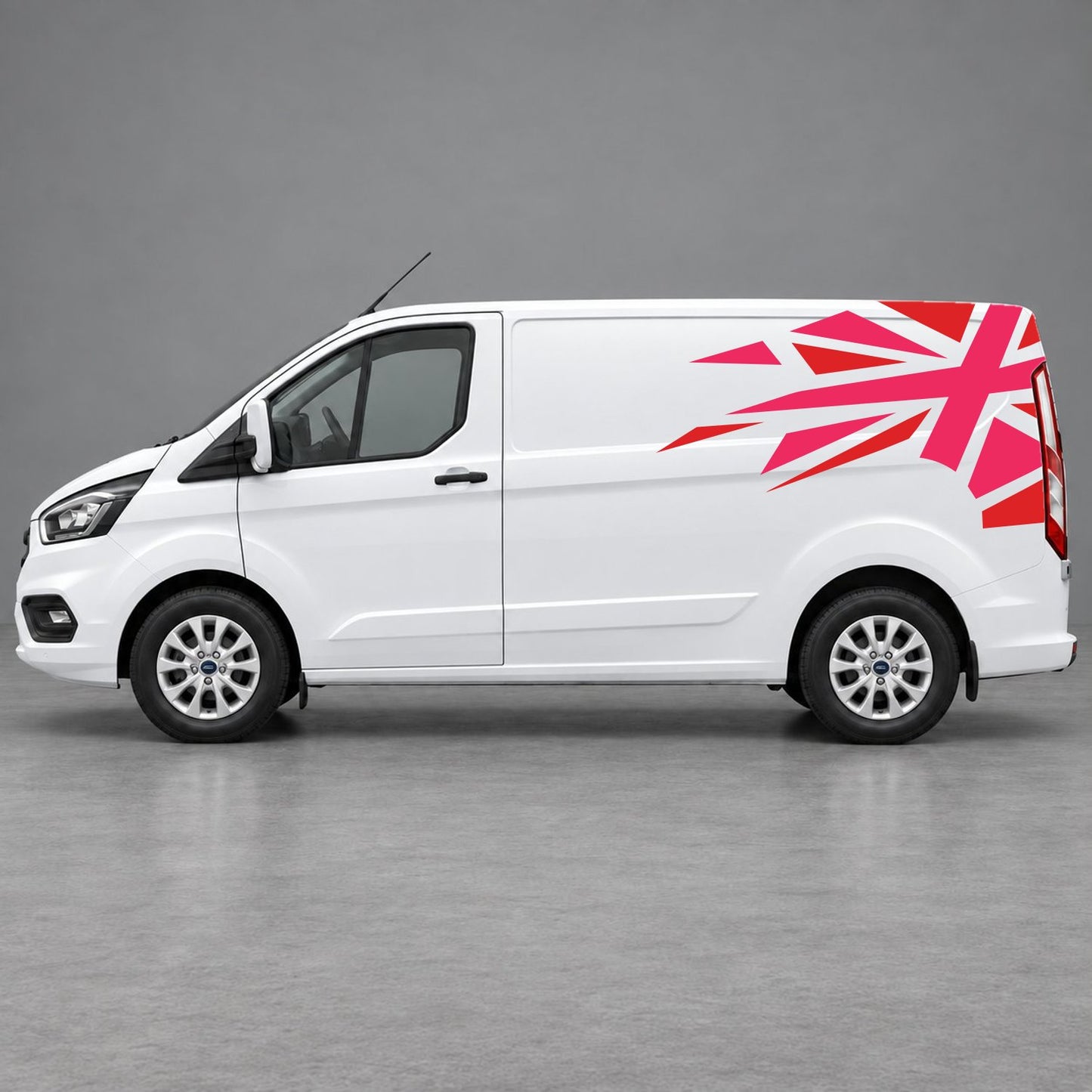Ford Transit Custom Shattered Union Jack Side Graphics in Red & Pink