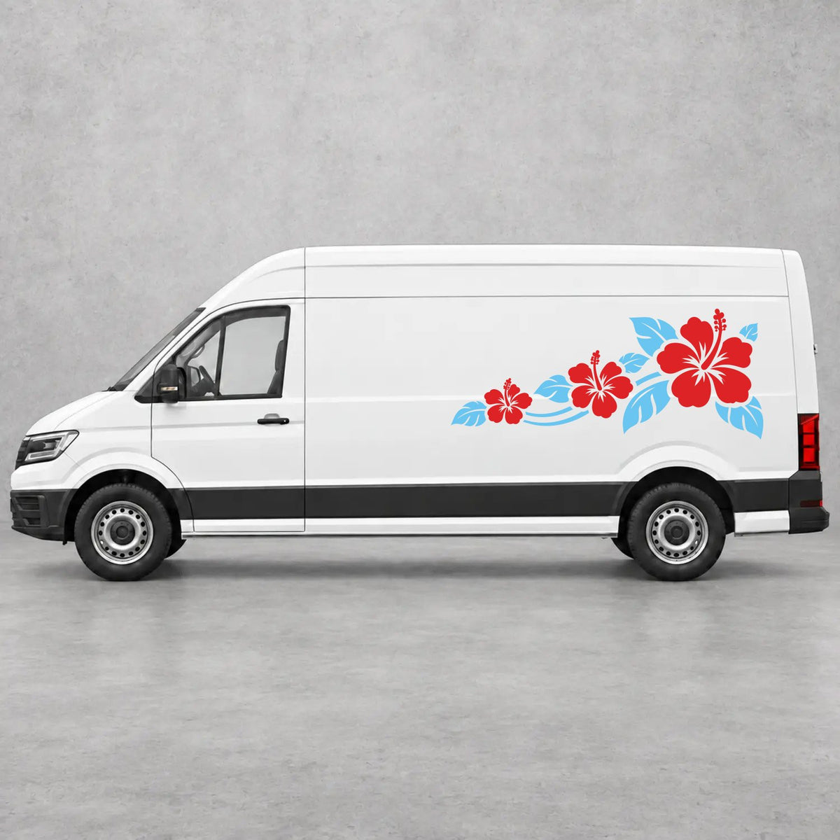 VW Crafter Hibiscus Flower Trail Side Graphics in Light Blue & Red
