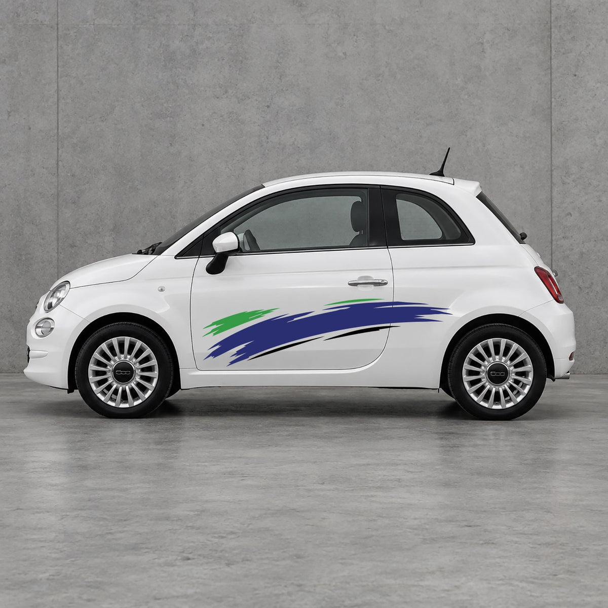 Fiat 500 Italian Green Brush Side Graphics Kit - Pair Supplied in Navy Blue & Black