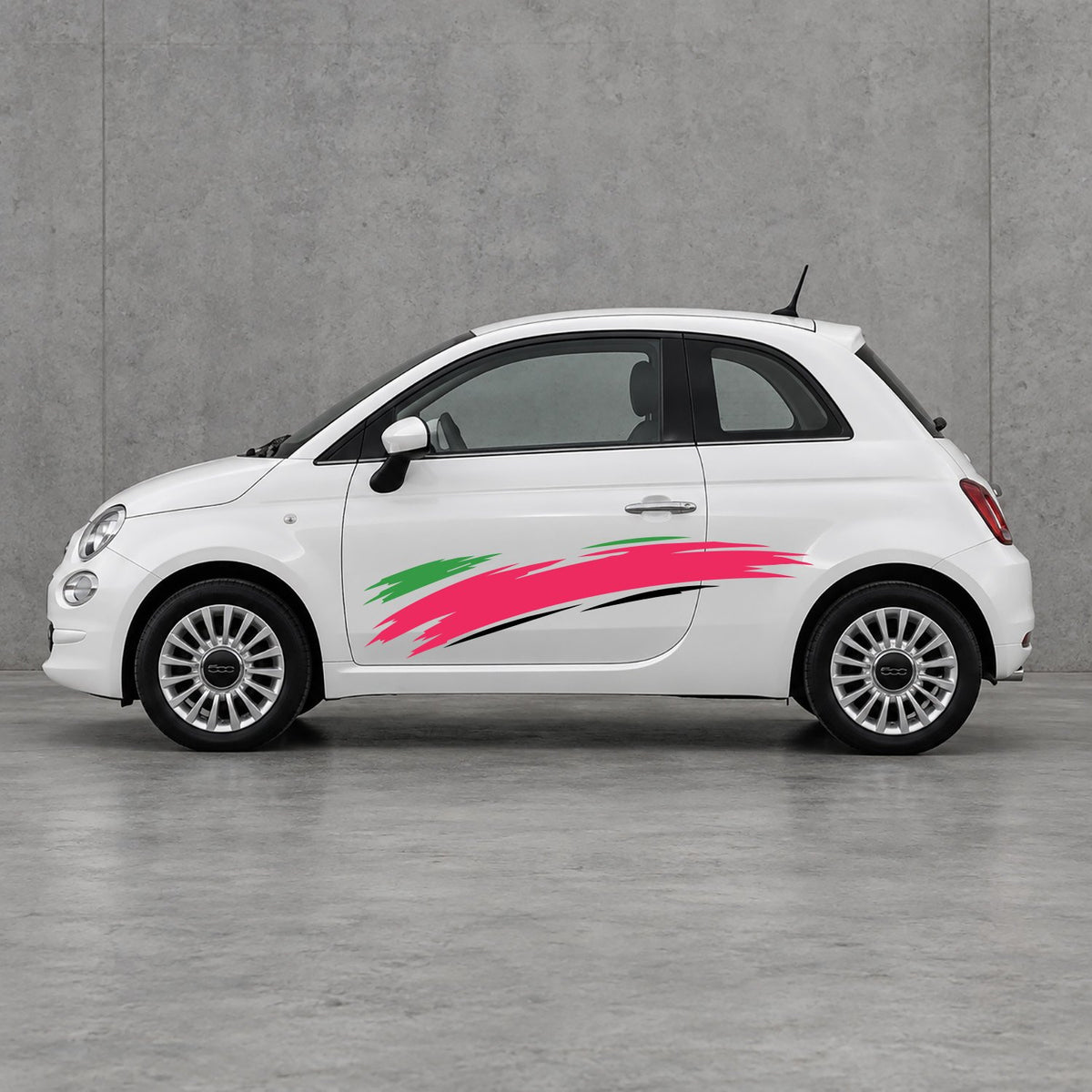 Fiat 500 Italian Green Brush Side Graphics Kit - Pair Supplied in Pink & Black
