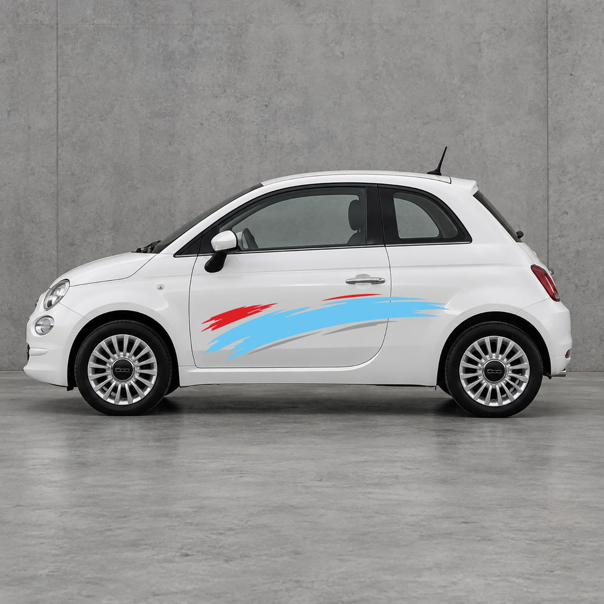Fiat 500 Italian Red Brush Side Graphics Kit - Pair Supplied in Grey & Light Blue
