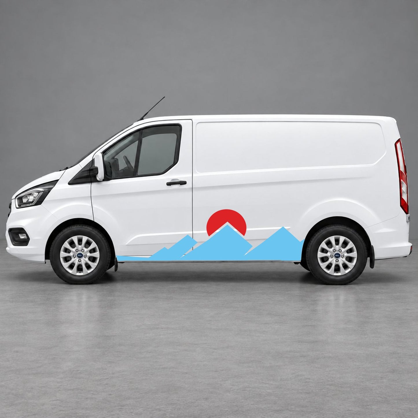 Ford Transit Custom Minimal Mountain Peak Side Graphics in Light Blue & Red