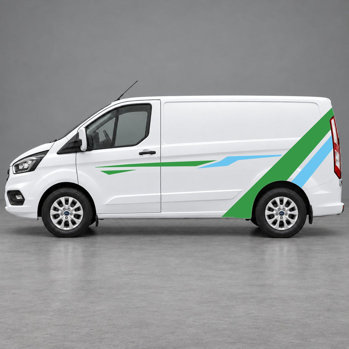 Ford Transit Custom Bold Rear Diagonal Side Stripes in Green & Light Blue