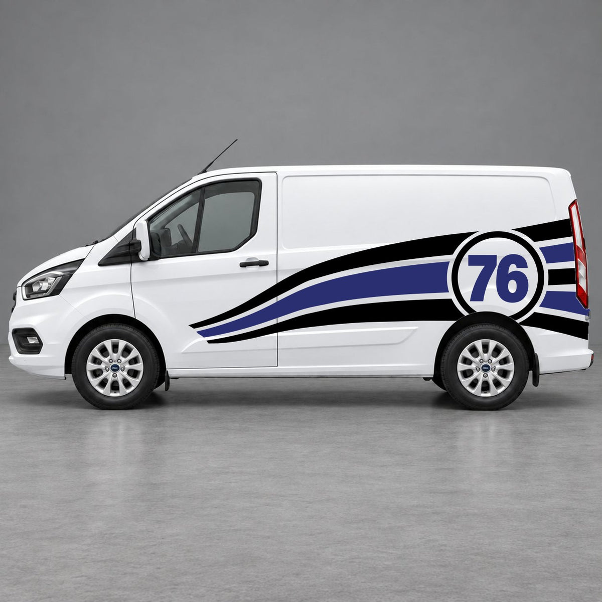 Ford Transit Custom Personalised Number 76 Racing Side Graphics in Black & Navy Blue