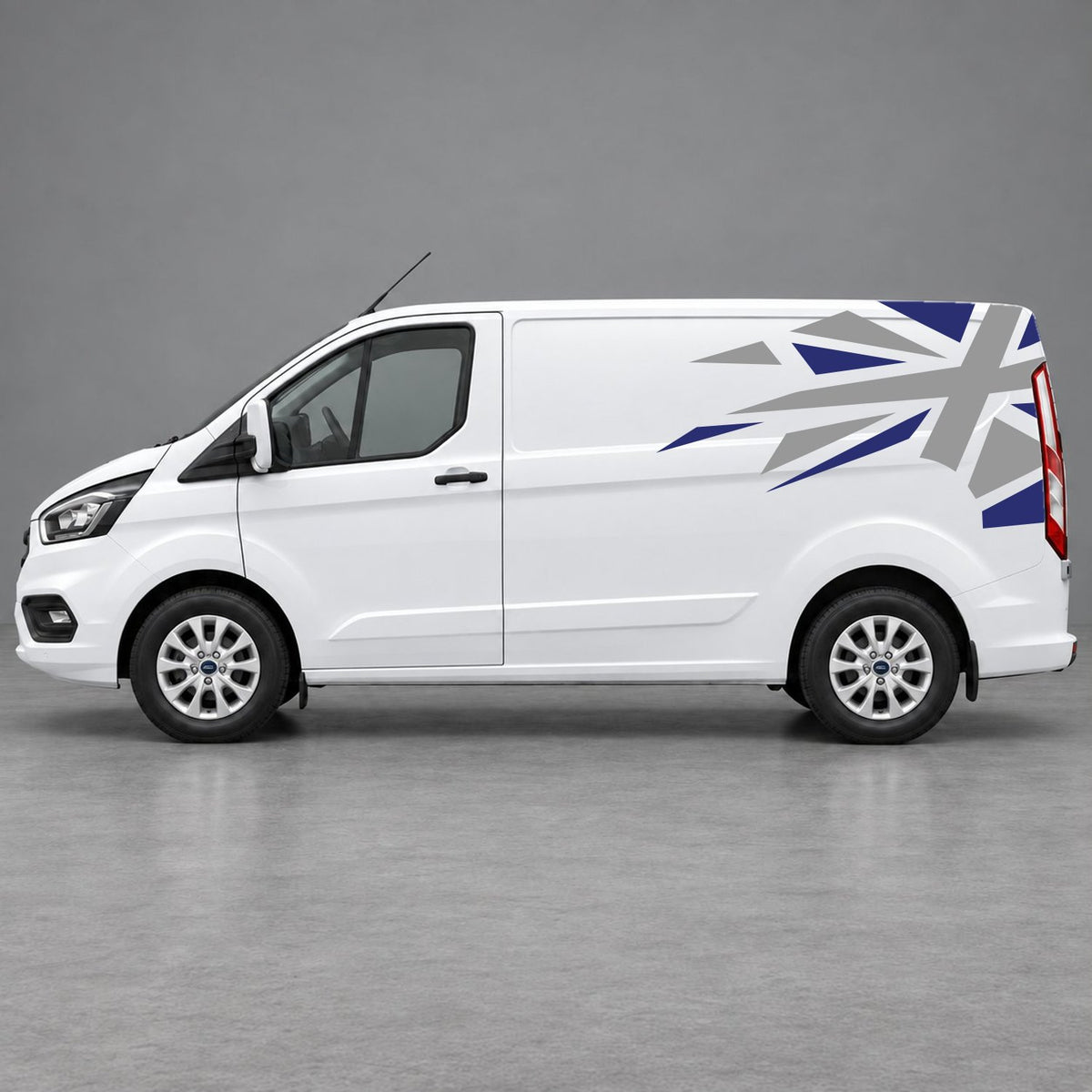 Ford Transit Custom Shattered Union Jack Side Graphics in Navy Blue & Grey
