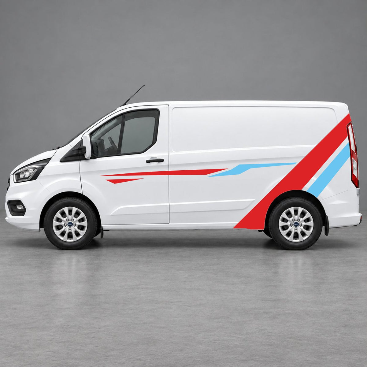 Ford Transit Custom Bold Rear Diagonal Side Stripes in Red & Light Blue