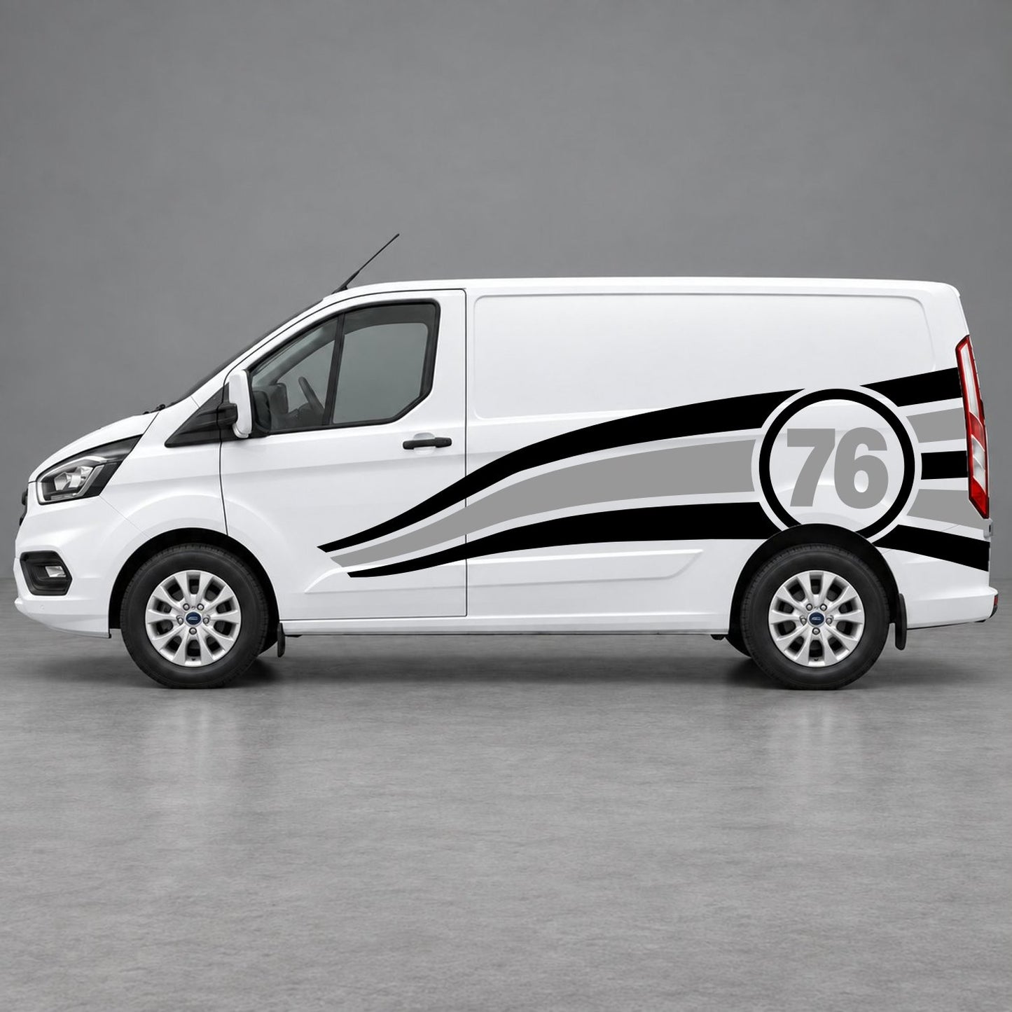 Ford Transit Custom Personalised Number 76 Racing Side Graphics in Black & Grey