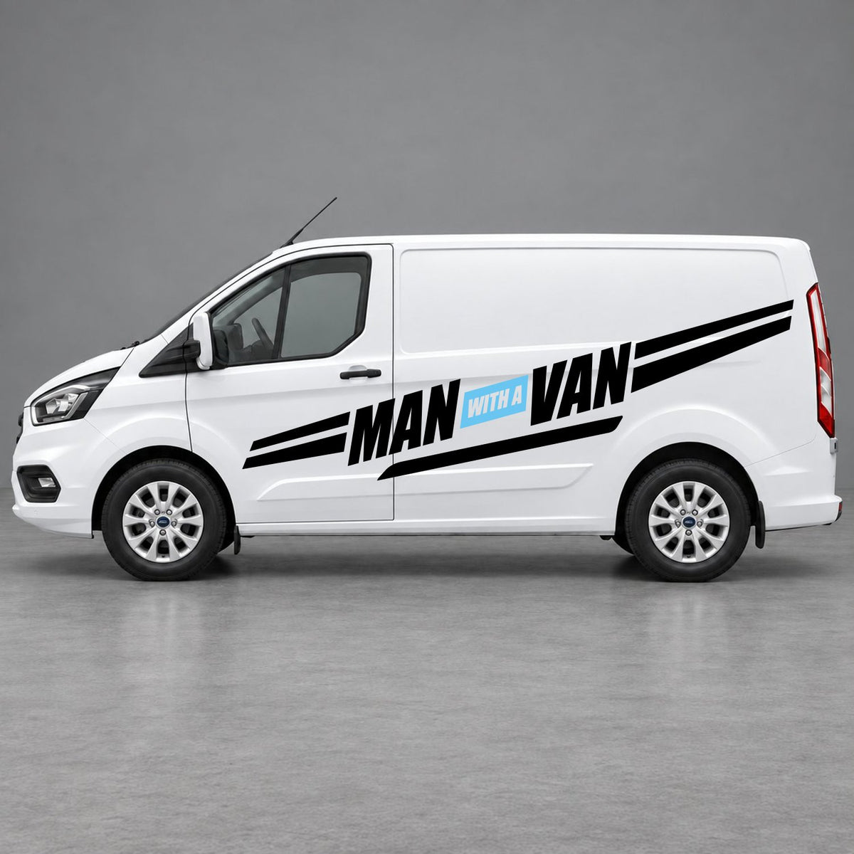 Ford Transit Custom Man with a Van Side Stripes in Black & Light Blue
