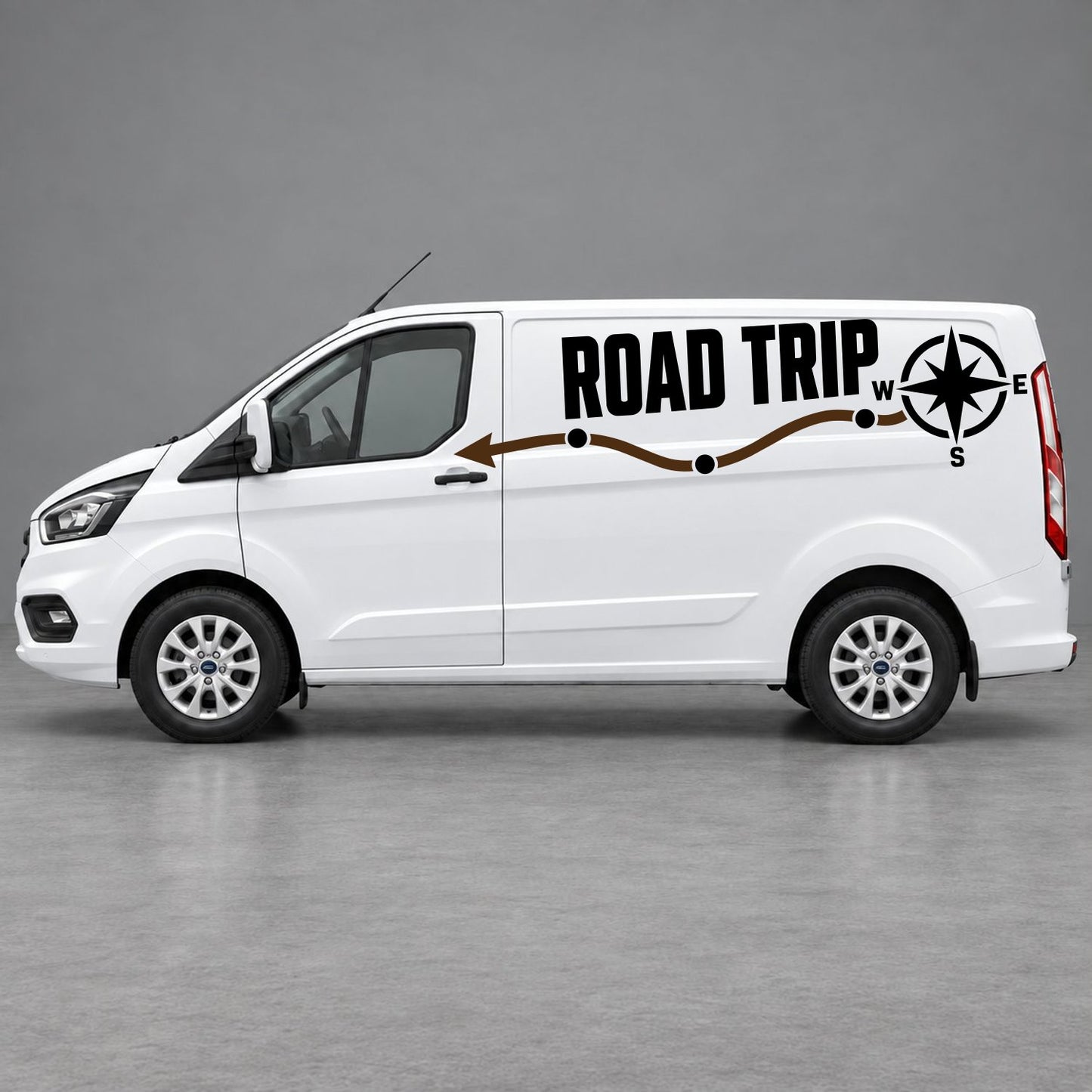 Ford Transit Custom Road Trip Route & Compass Side Graphics in Black & Brown