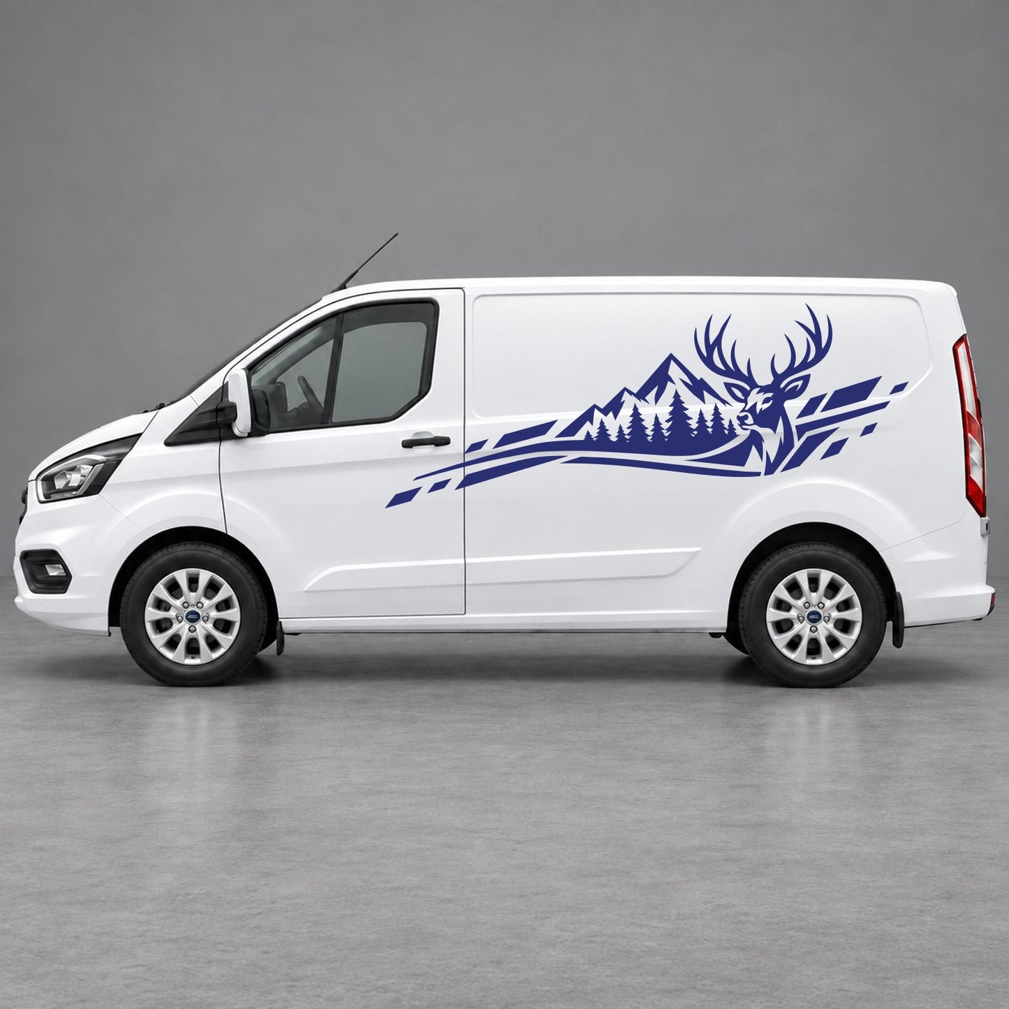 Ford Transit Custom Stag Mountain & Forest Side Graphics in Navy Blue
