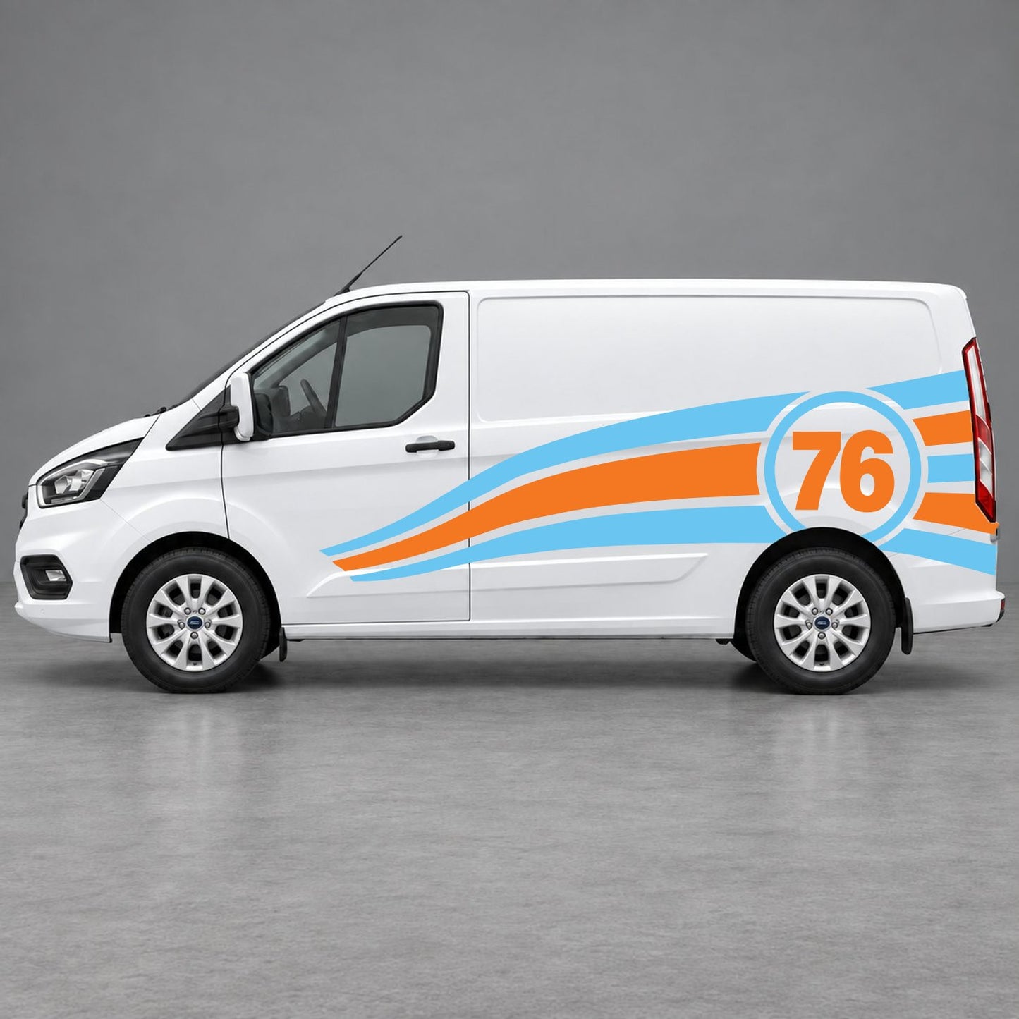 Ford Transit Custom Personalised Number 76 Racing Side Graphics in Light Blue & Orange