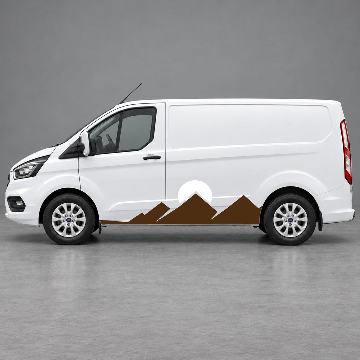 Ford Transit Custom Minimal Mountain Peak Side Graphics in Brown & White